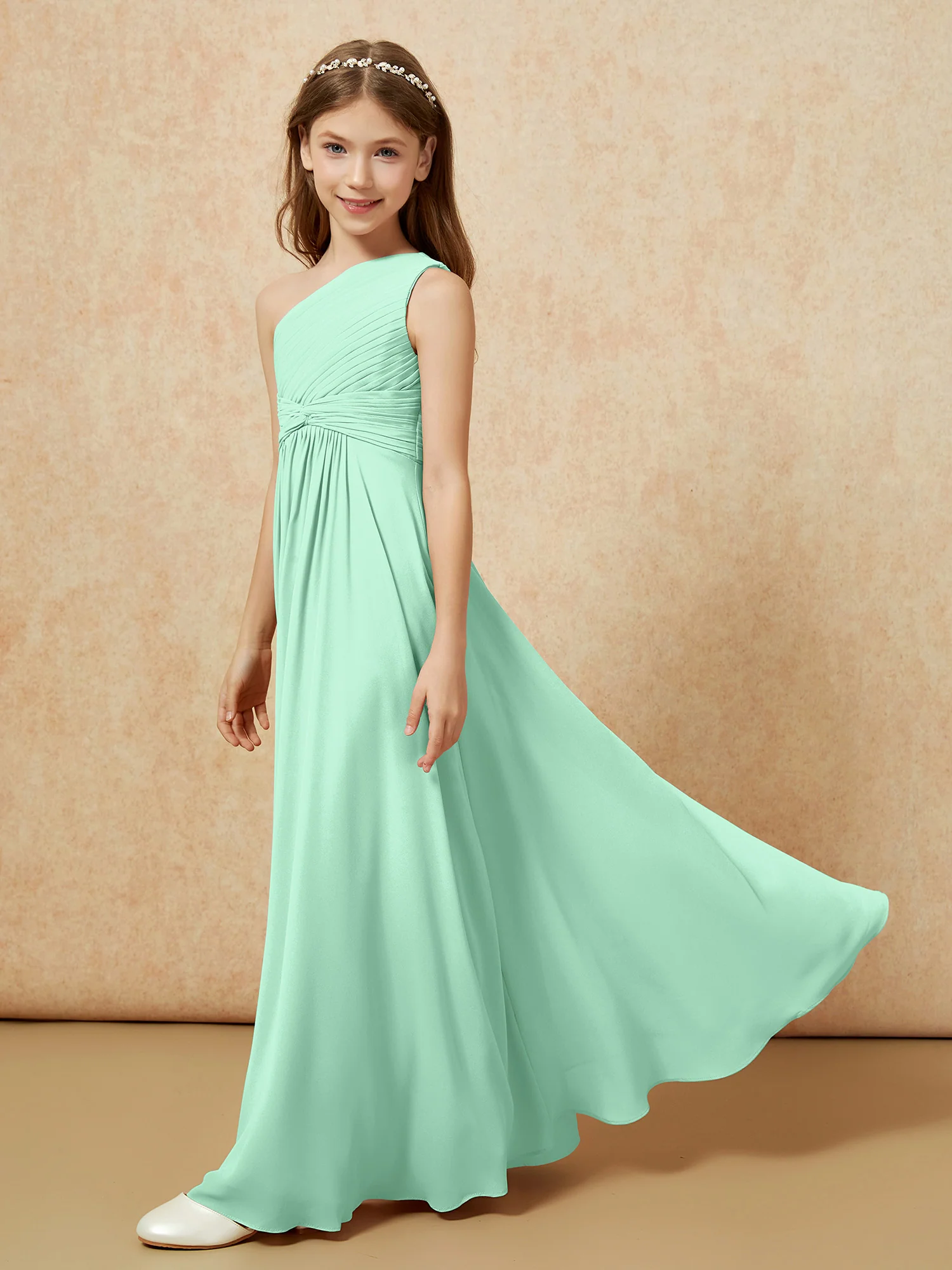 One Shoulder Pleated Chiffon Junior Bridesmaid Dress Mint Green - Image 3