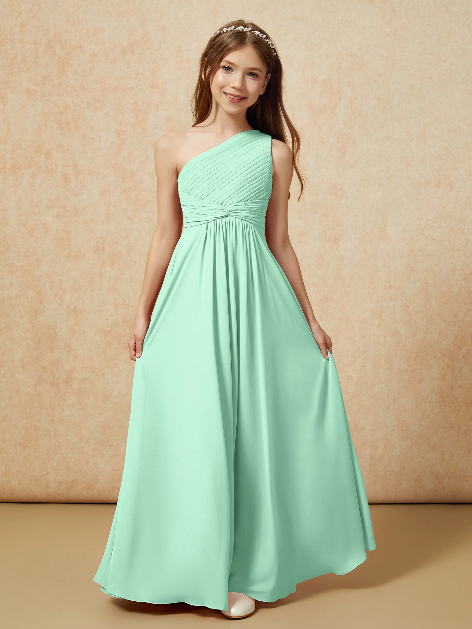 One Shoulder Pleated Chiffon Junior Bridesmaid Dress Mint Green - Image 4