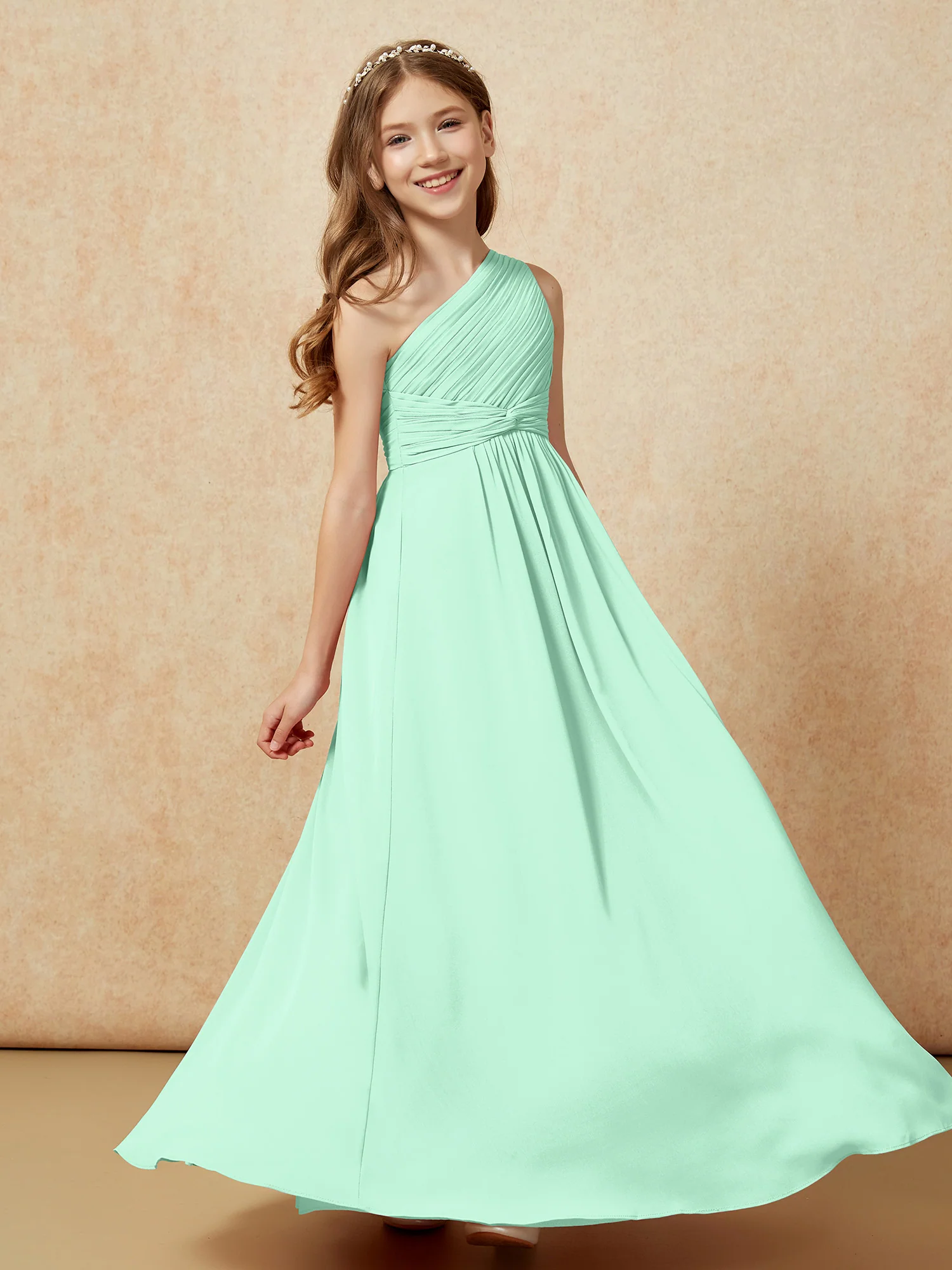 One Shoulder Pleated Chiffon Junior Bridesmaid Dress Mint Green - Image 5