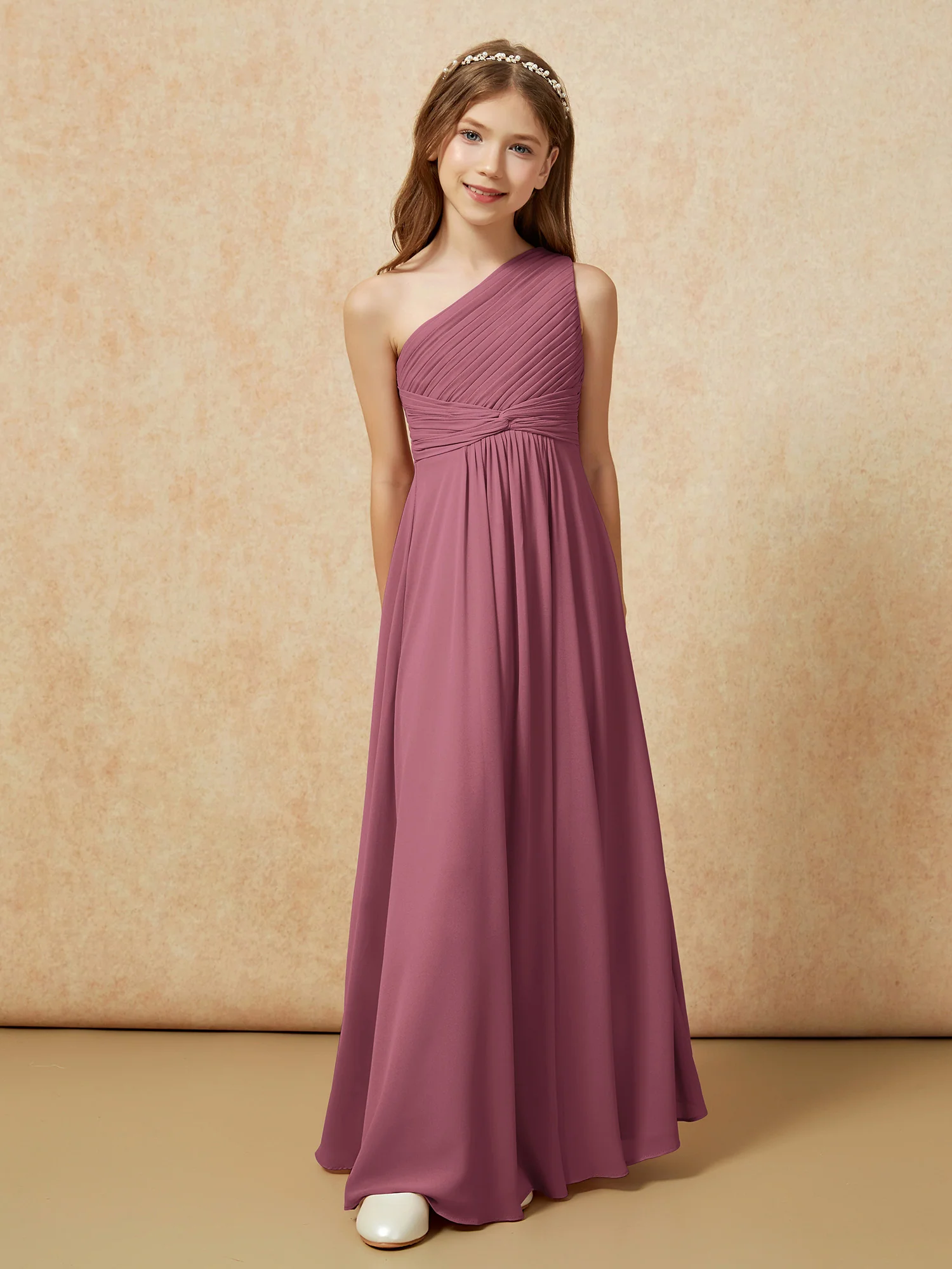 One Shoulder Pleated Chiffon Junior Bridesmaid Dress Mulberry