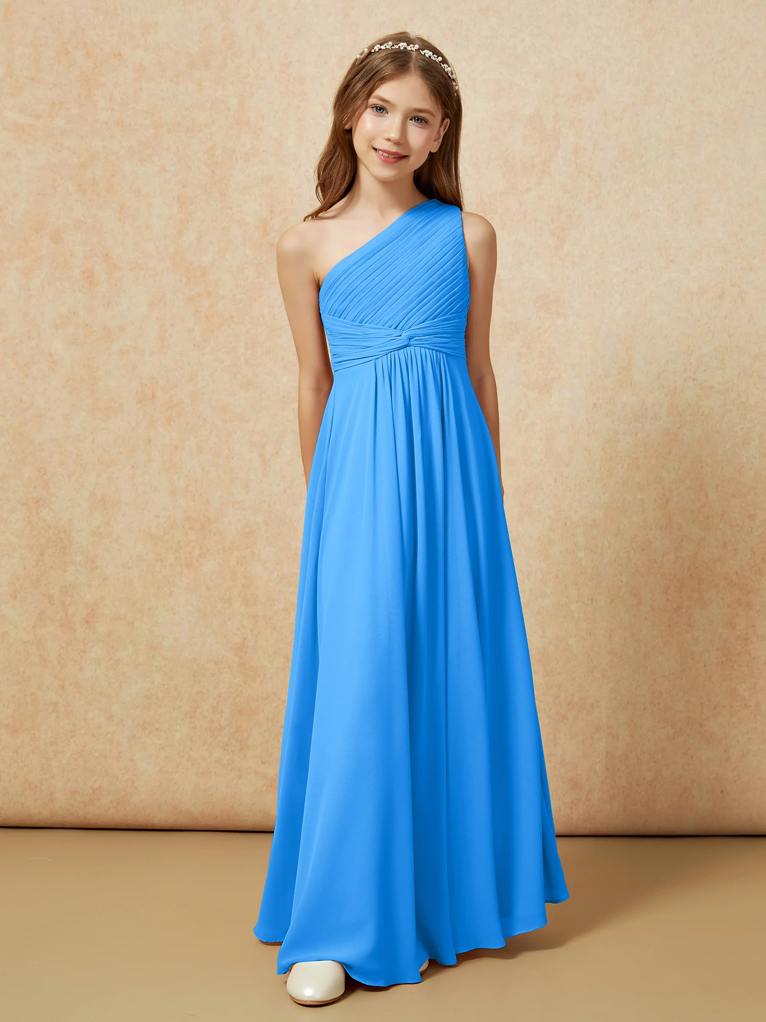 One Shoulder Pleated Chiffon Junior Bridesmaid Dress Ocean Blue