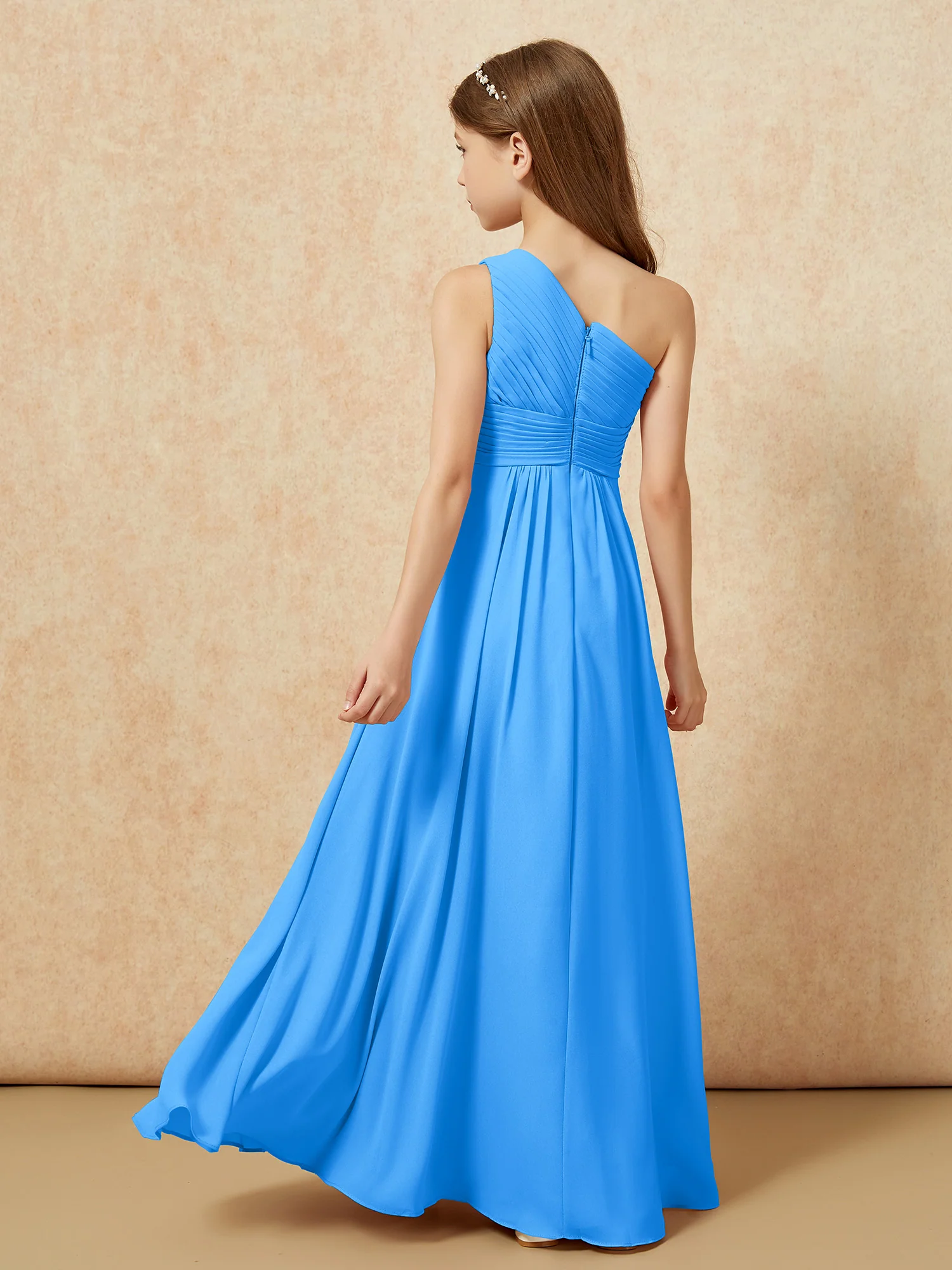 One Shoulder Pleated Chiffon Junior Bridesmaid Dress Ocean Blue - Image 2