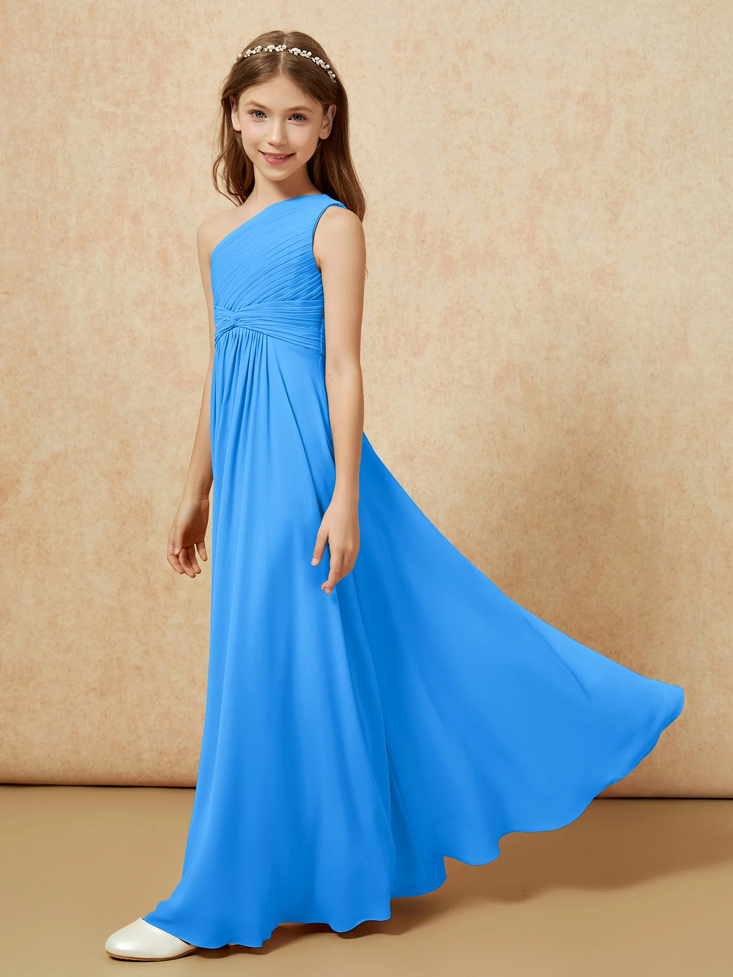 One Shoulder Pleated Chiffon Junior Bridesmaid Dress Ocean Blue - Image 3