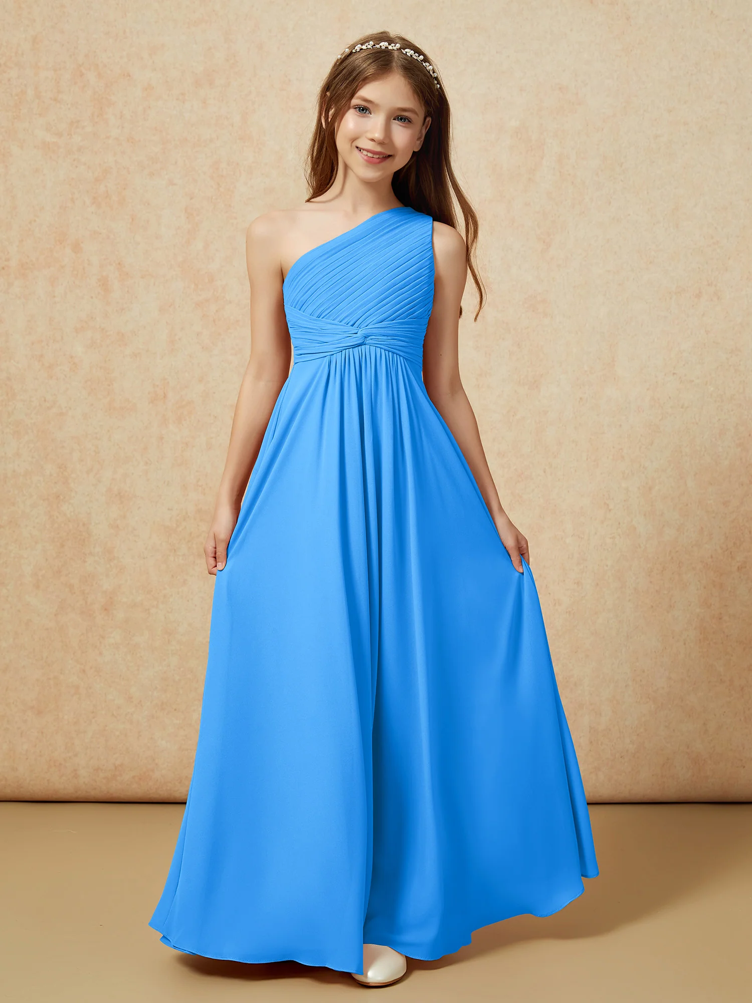 One Shoulder Pleated Chiffon Junior Bridesmaid Dress Ocean Blue - Image 4