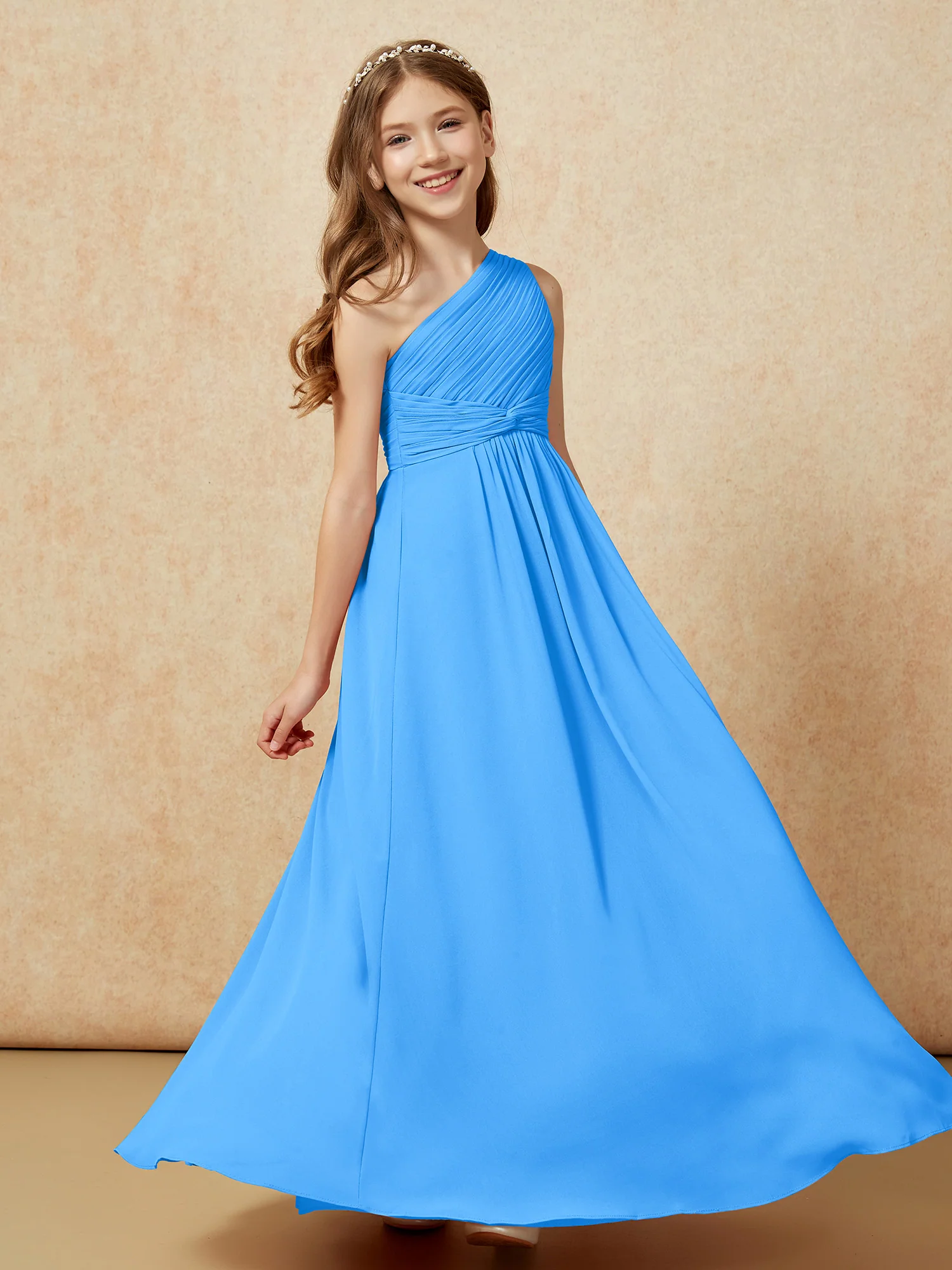 One Shoulder Pleated Chiffon Junior Bridesmaid Dress Ocean Blue - Image 5