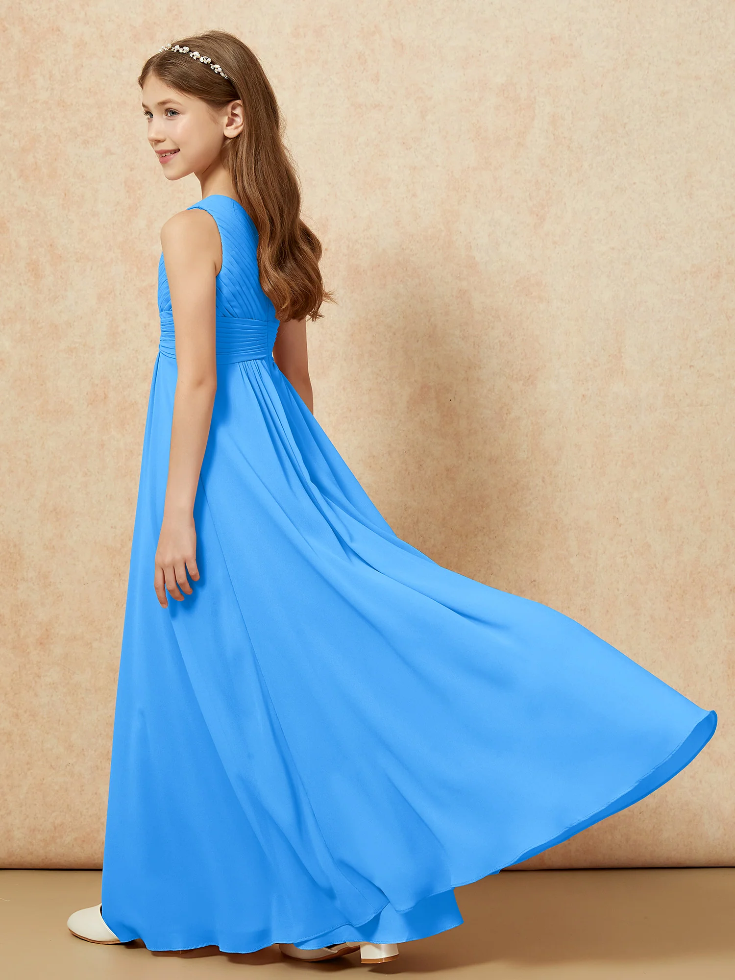 One Shoulder Pleated Chiffon Junior Bridesmaid Dress Ocean Blue - Image 6