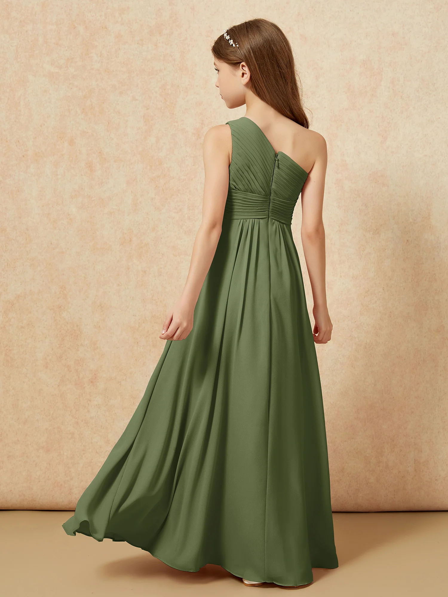 One Shoulder Pleated Chiffon Junior Bridesmaid Dress Olive Green - Image 2