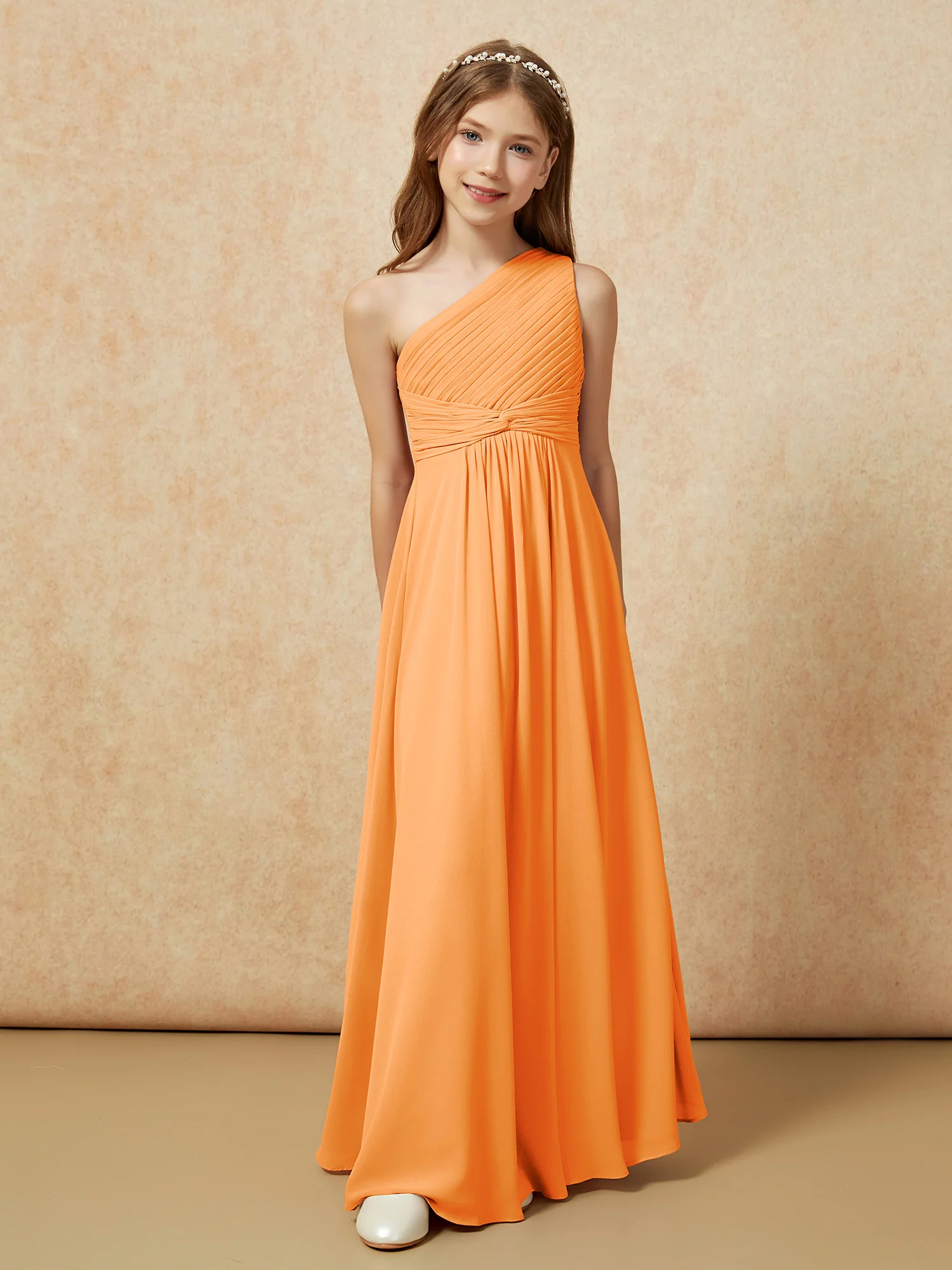 One Shoulder Pleated Chiffon Junior Bridesmaid Dress Orange