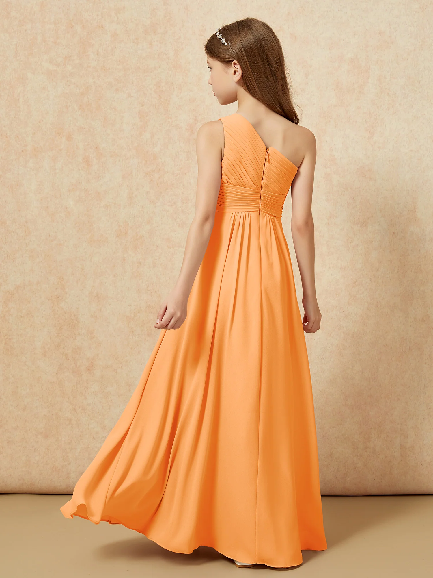 One Shoulder Pleated Chiffon Junior Bridesmaid Dress Orange - Image 2