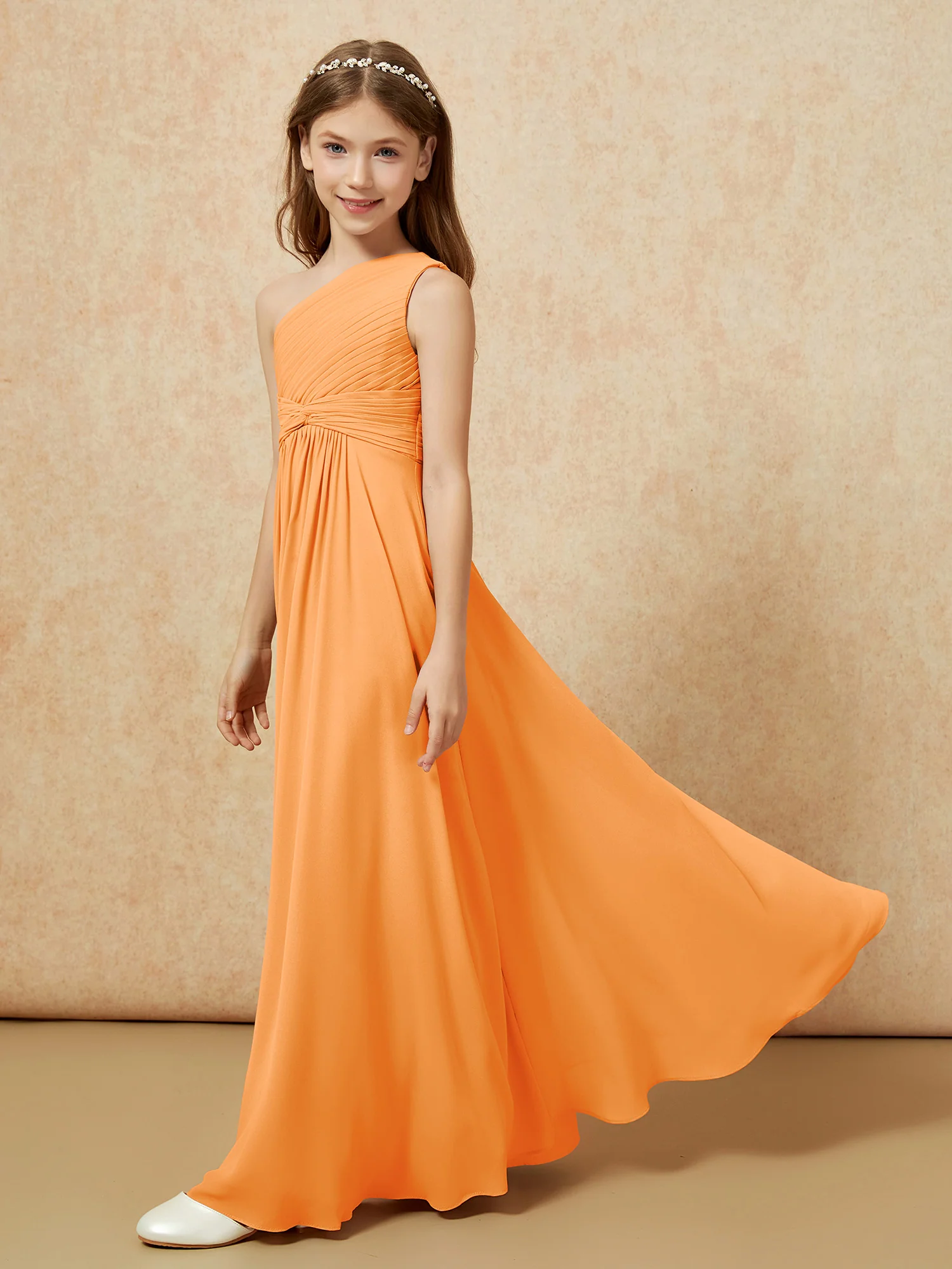 One Shoulder Pleated Chiffon Junior Bridesmaid Dress Orange - Image 3