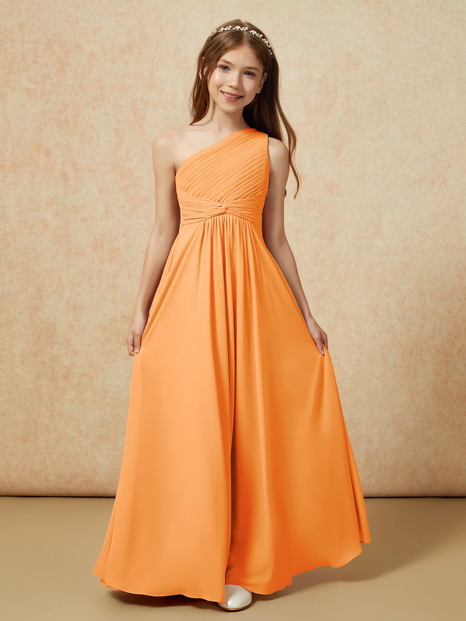 One Shoulder Pleated Chiffon Junior Bridesmaid Dress Orange - Image 4