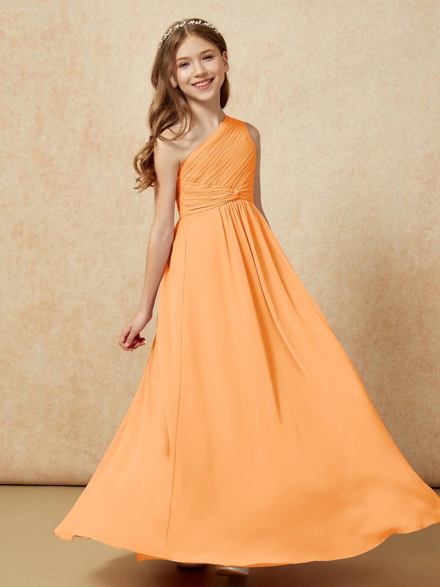One Shoulder Pleated Chiffon Junior Bridesmaid Dress Orange - Image 5