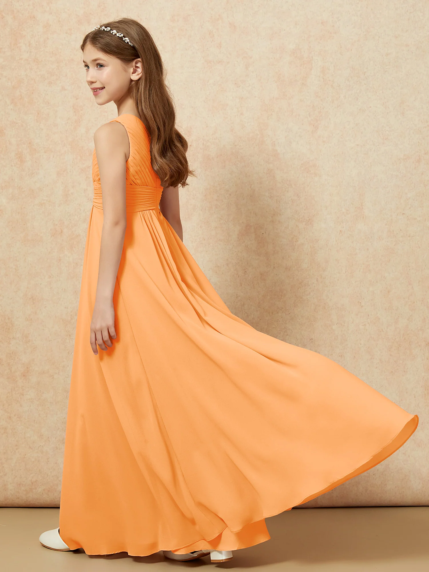 One Shoulder Pleated Chiffon Junior Bridesmaid Dress Orange - Image 6