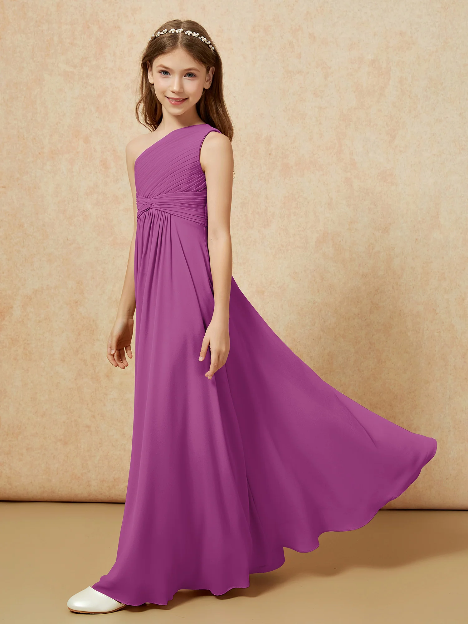 One Shoulder Pleated Chiffon Junior Bridesmaid Dress Orchid - Image 3