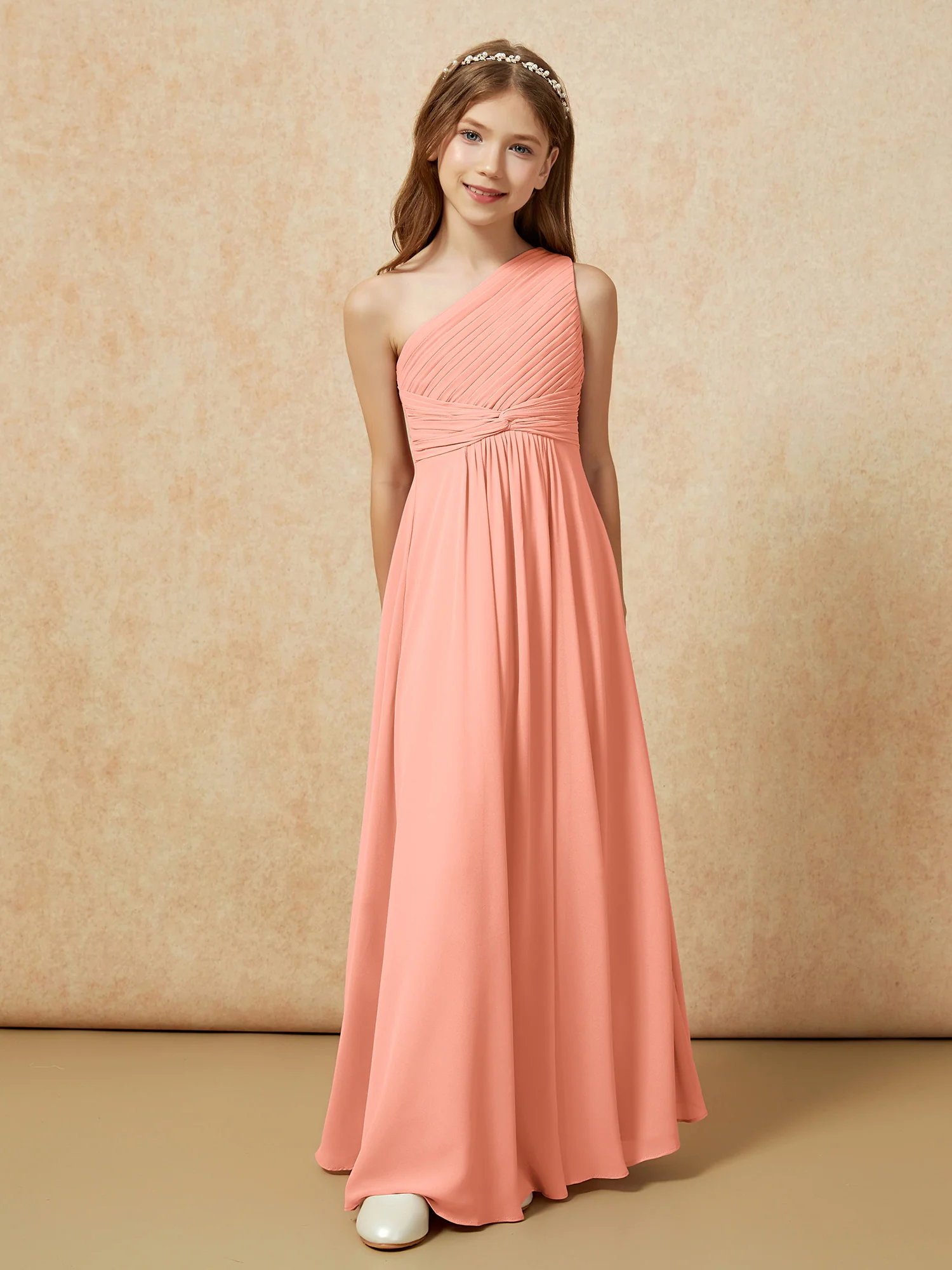 One Shoulder Pleated Chiffon Junior Bridesmaid Dress Papaya