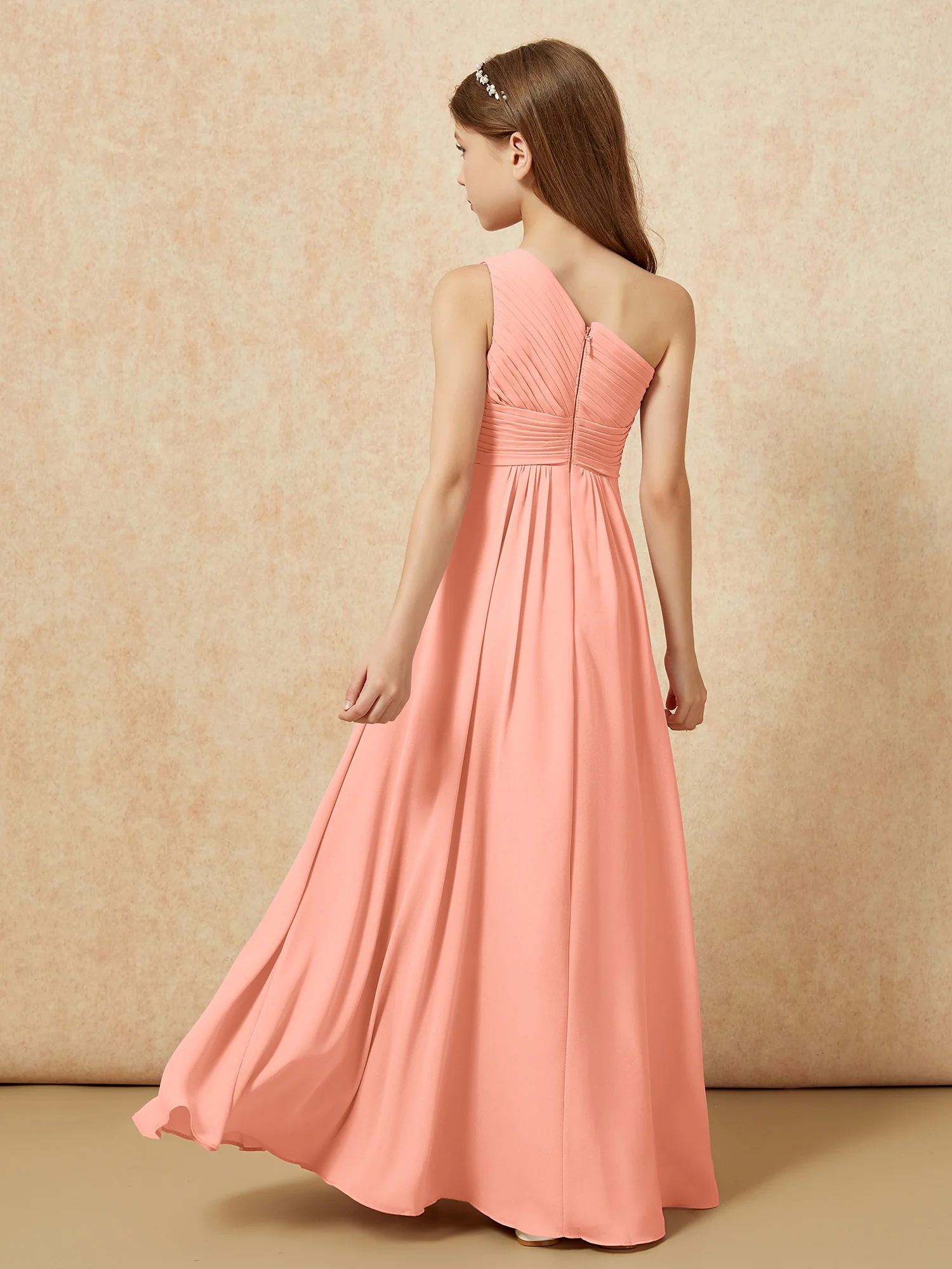 One Shoulder Pleated Chiffon Junior Bridesmaid Dress Papaya - Image 2