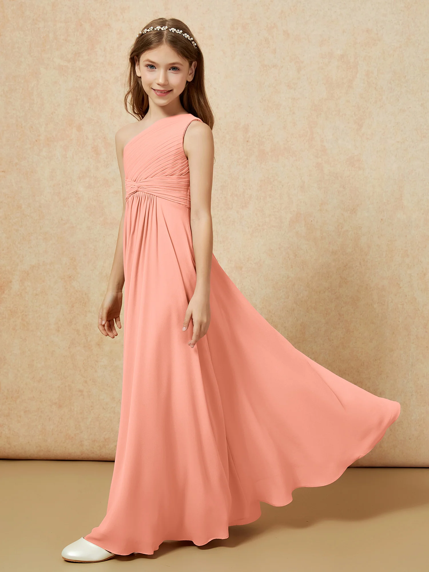 One Shoulder Pleated Chiffon Junior Bridesmaid Dress Papaya - Image 3
