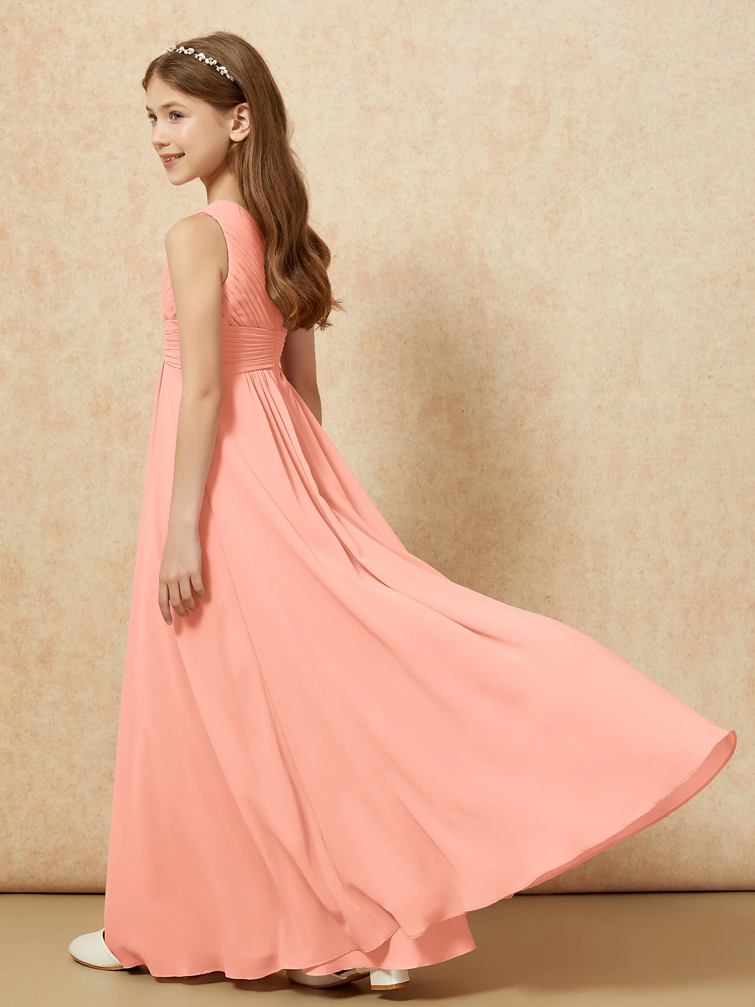 One Shoulder Pleated Chiffon Junior Bridesmaid Dress Papaya - Image 6
