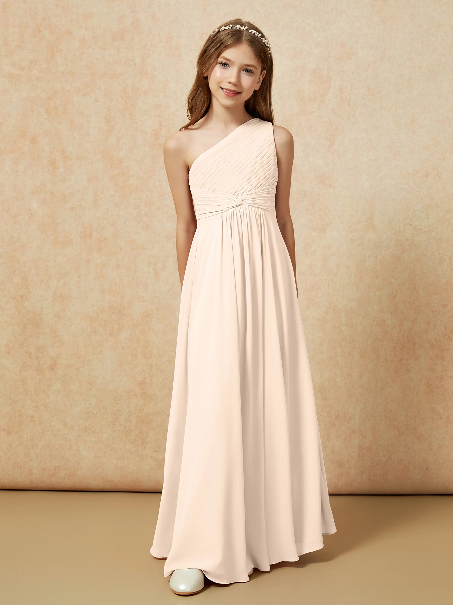 One Shoulder Pleated Chiffon Junior Bridesmaid Dress Peach