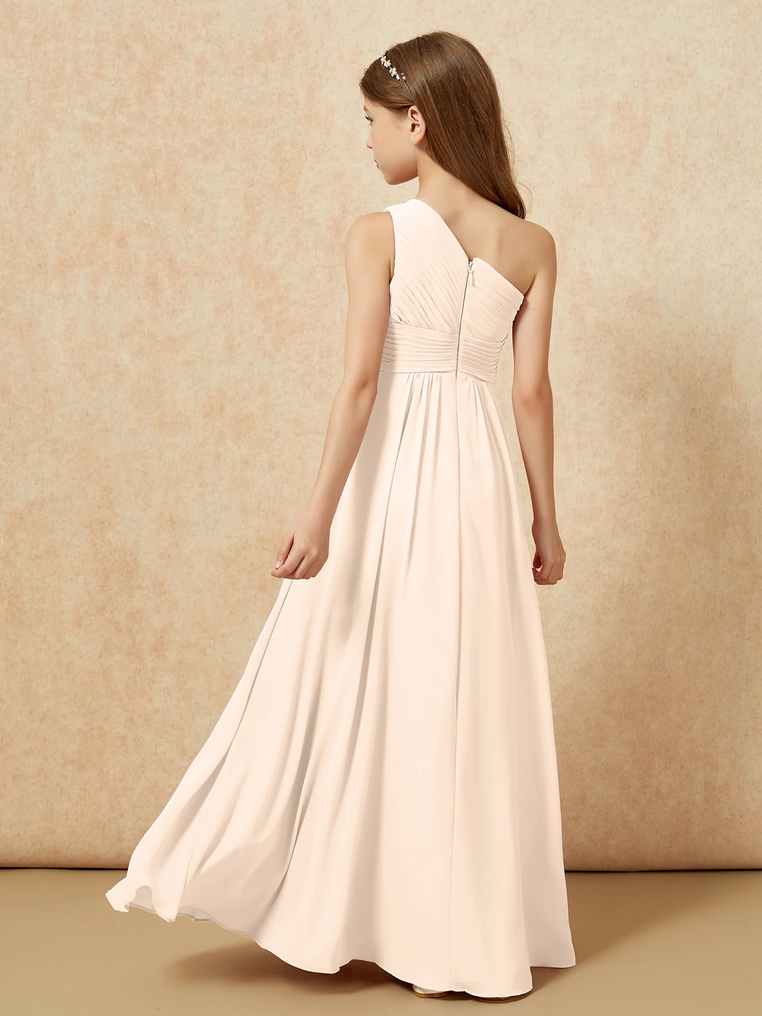 One Shoulder Pleated Chiffon Junior Bridesmaid Dress Peach - Image 2