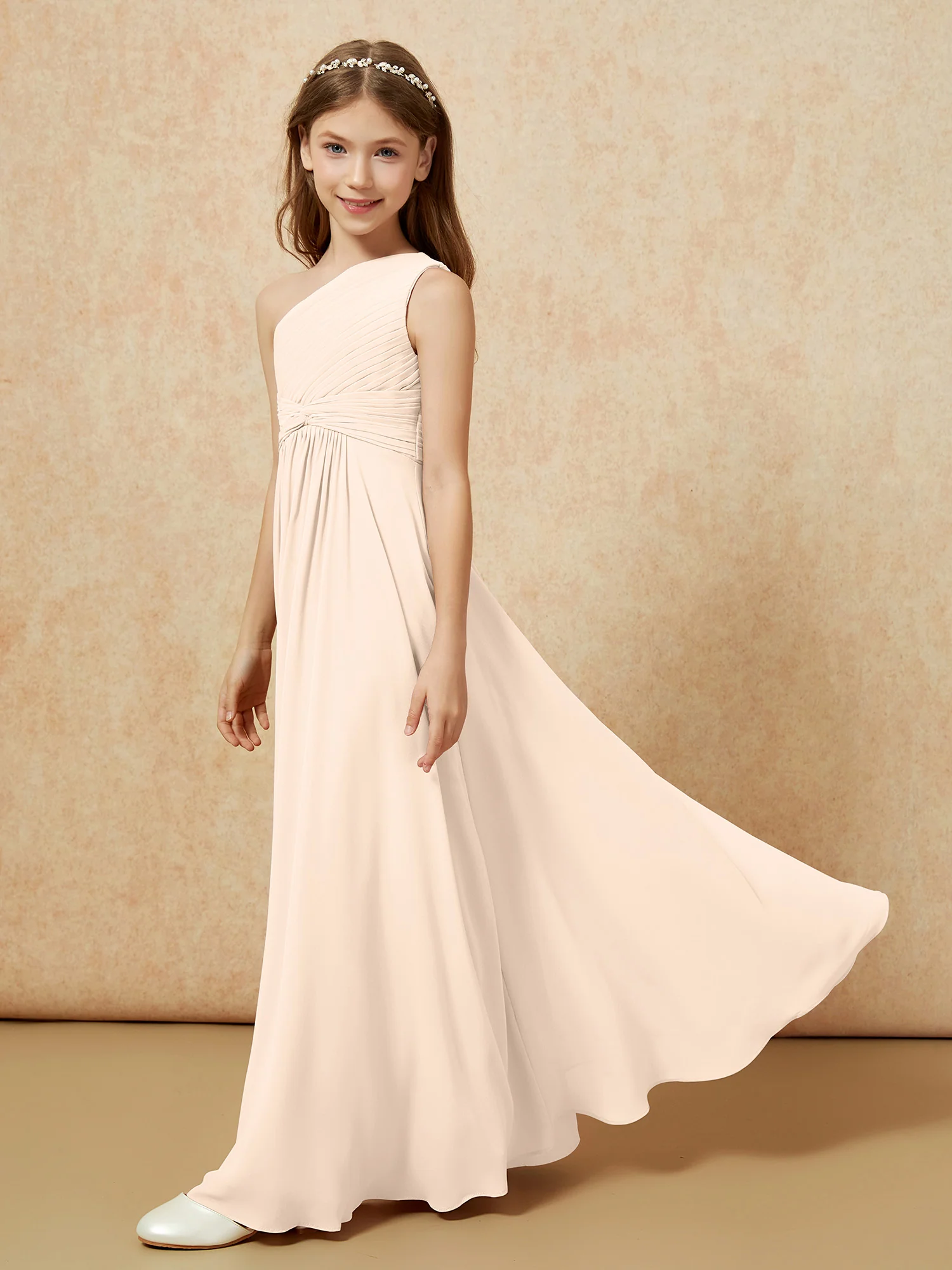 One Shoulder Pleated Chiffon Junior Bridesmaid Dress Peach - Image 3