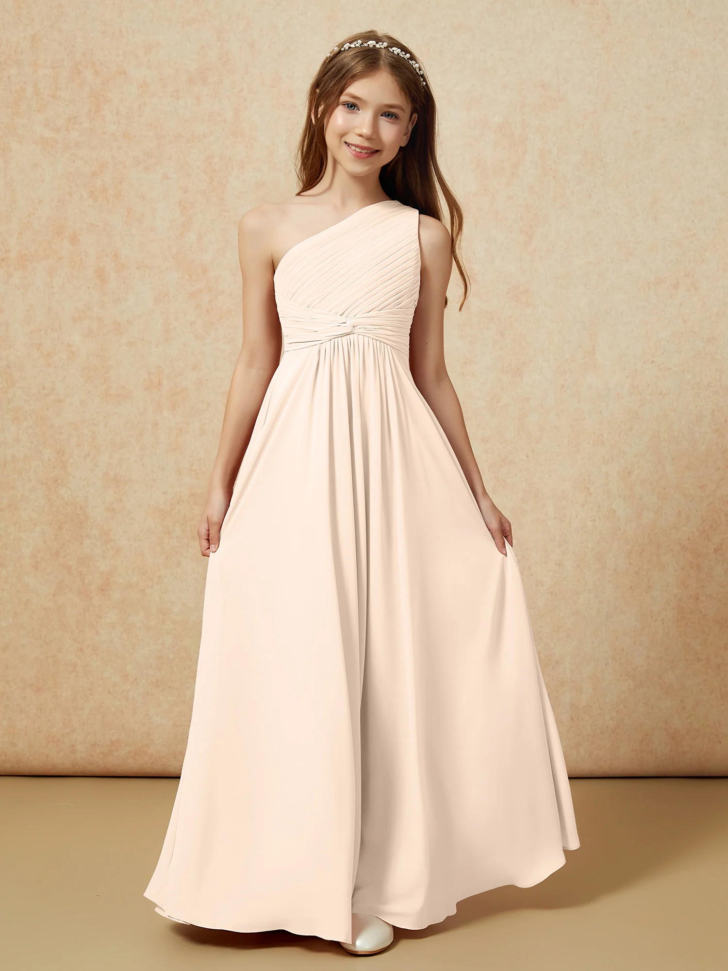 One Shoulder Pleated Chiffon Junior Bridesmaid Dress Peach - Image 4