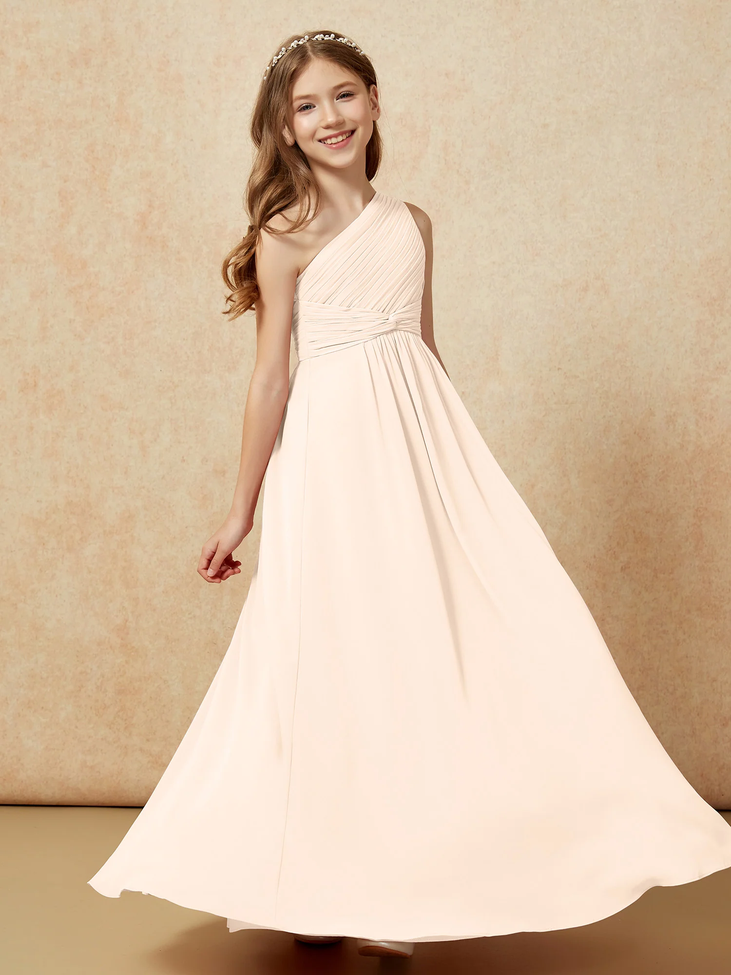 One Shoulder Pleated Chiffon Junior Bridesmaid Dress Peach - Image 5