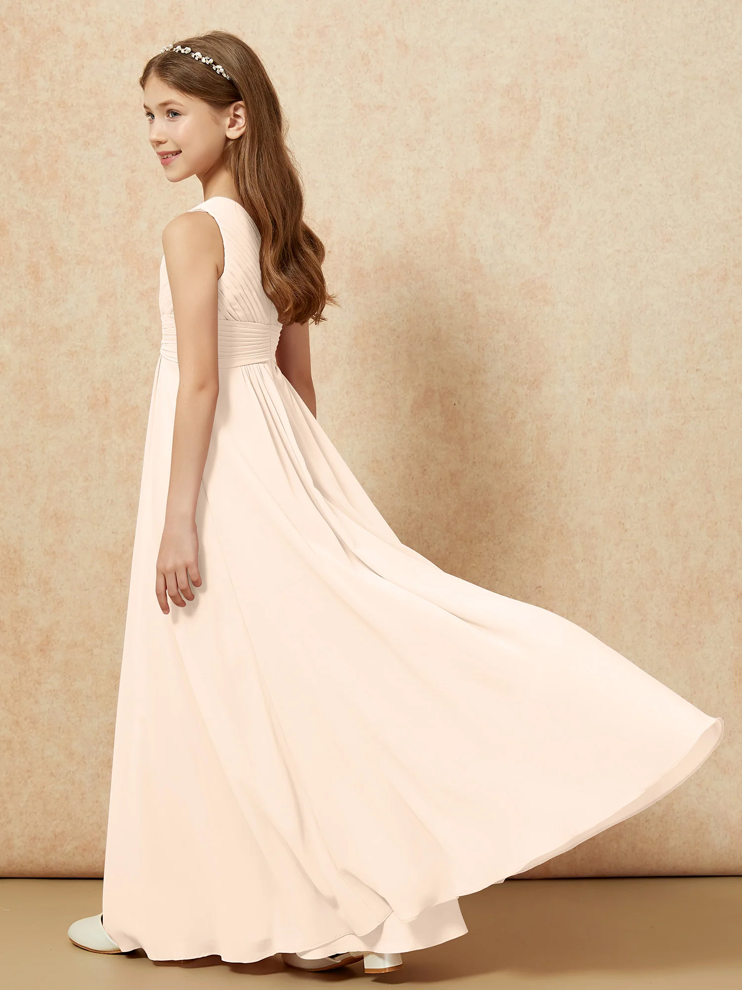 One Shoulder Pleated Chiffon Junior Bridesmaid Dress Peach - Image 6
