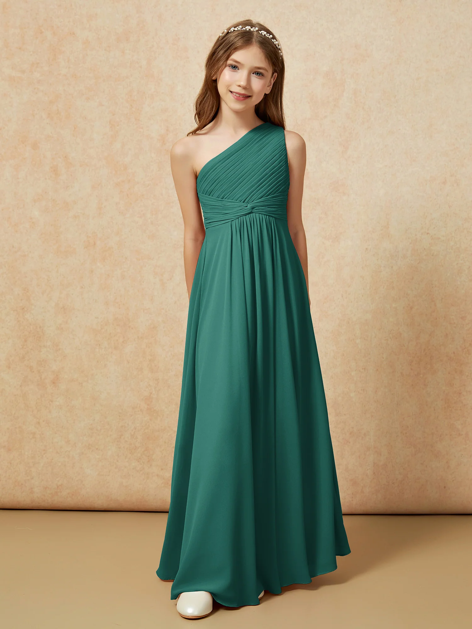 One Shoulder Pleated Chiffon Junior Bridesmaid Dress Peacock