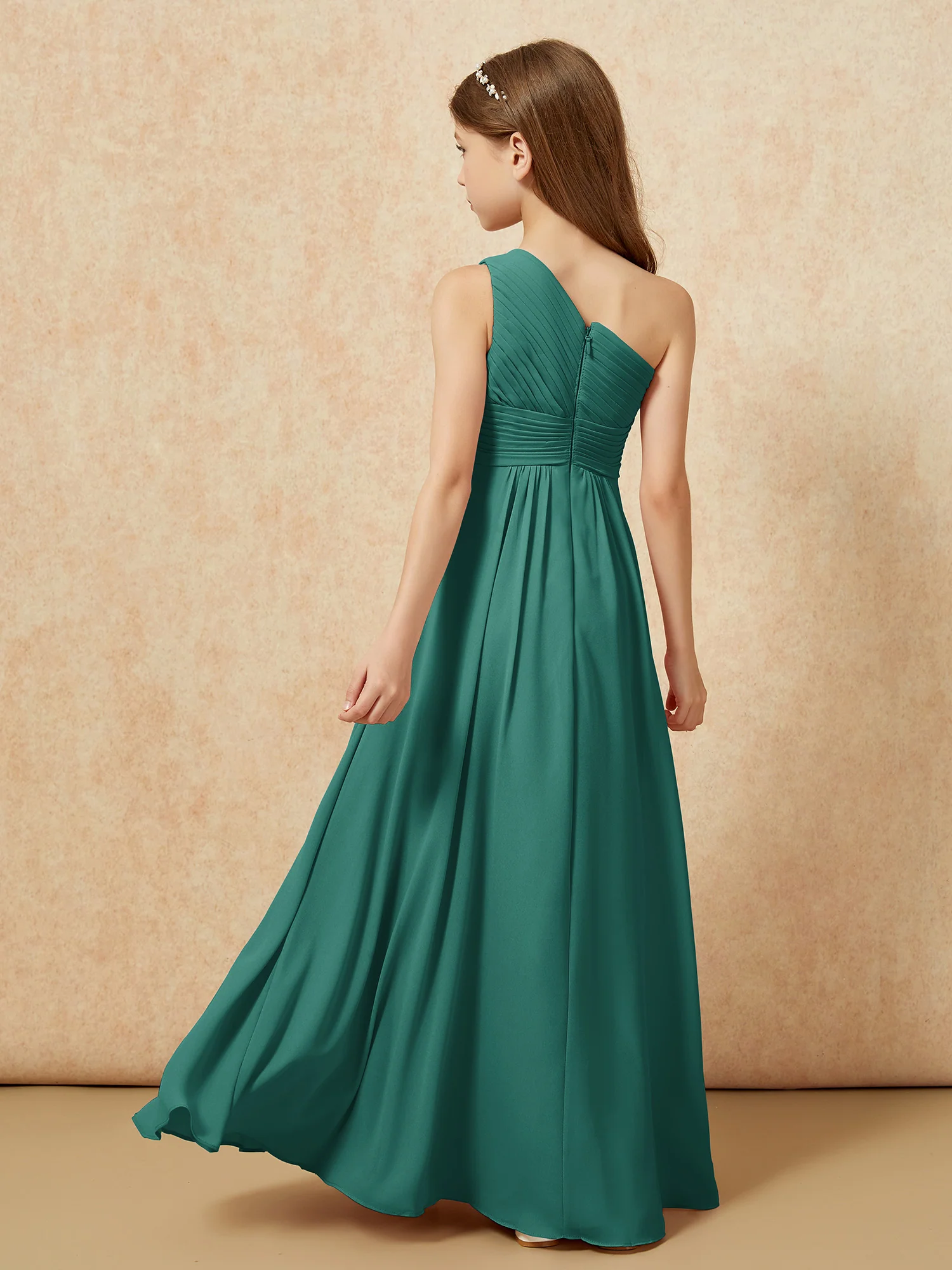 One Shoulder Pleated Chiffon Junior Bridesmaid Dress Peacock - Image 2