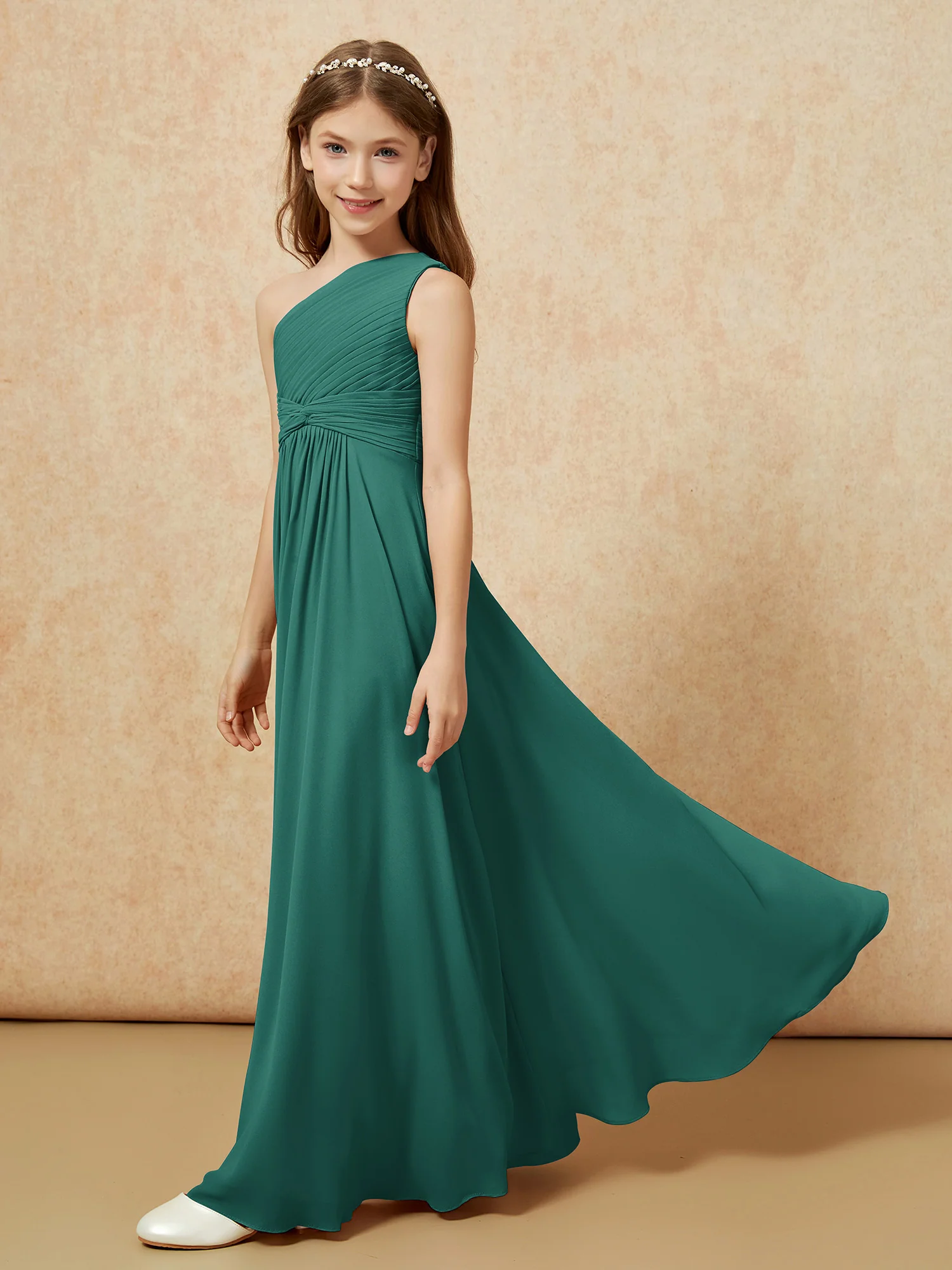 One Shoulder Pleated Chiffon Junior Bridesmaid Dress Peacock - Image 3