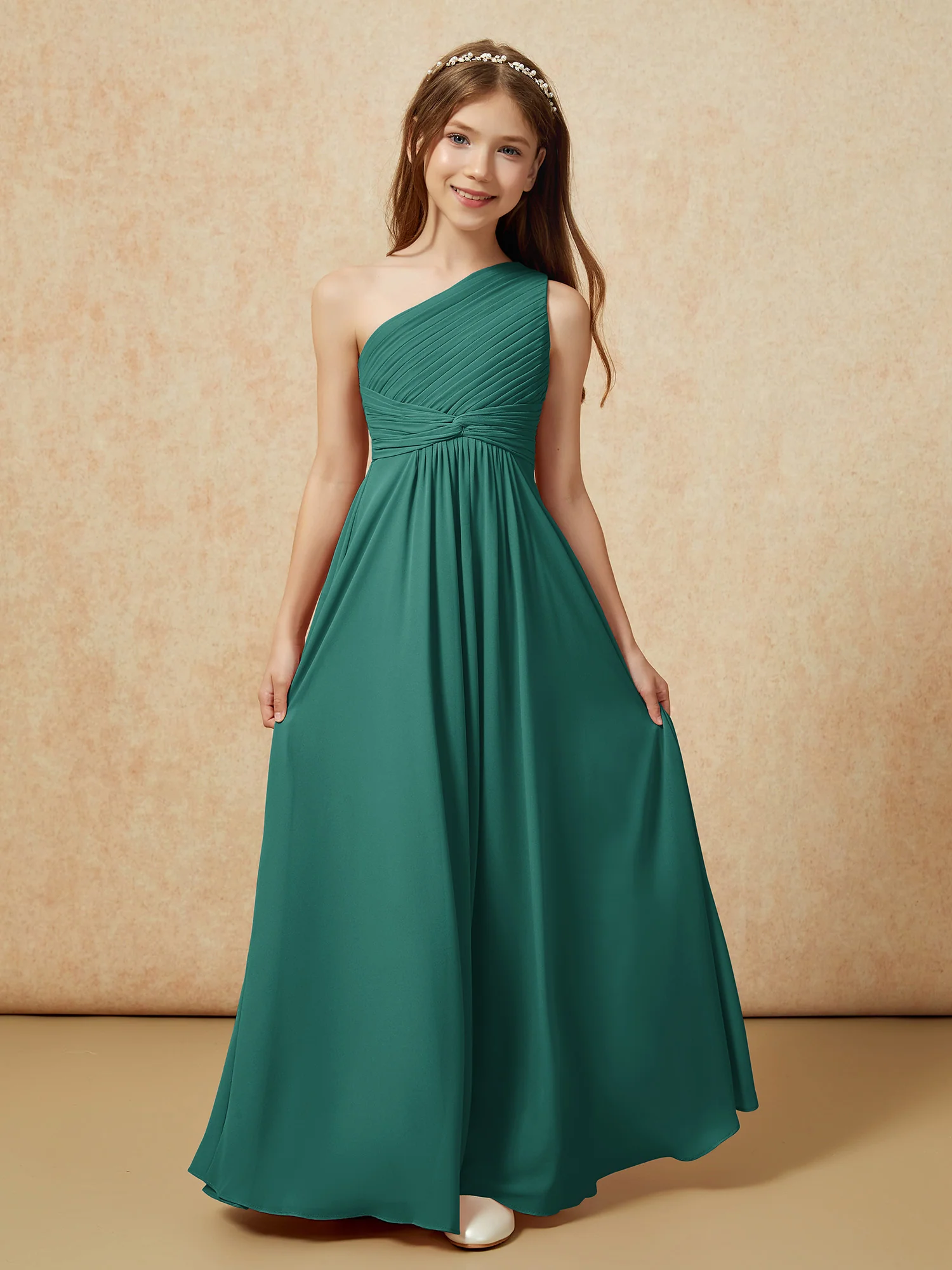 One Shoulder Pleated Chiffon Junior Bridesmaid Dress Peacock - Image 4
