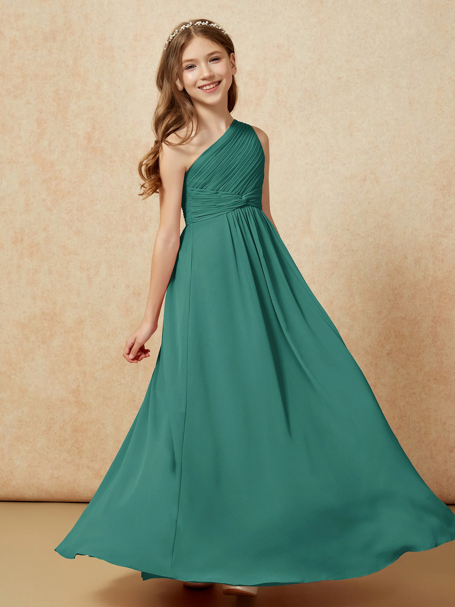 One Shoulder Pleated Chiffon Junior Bridesmaid Dress Peacock - Image 5