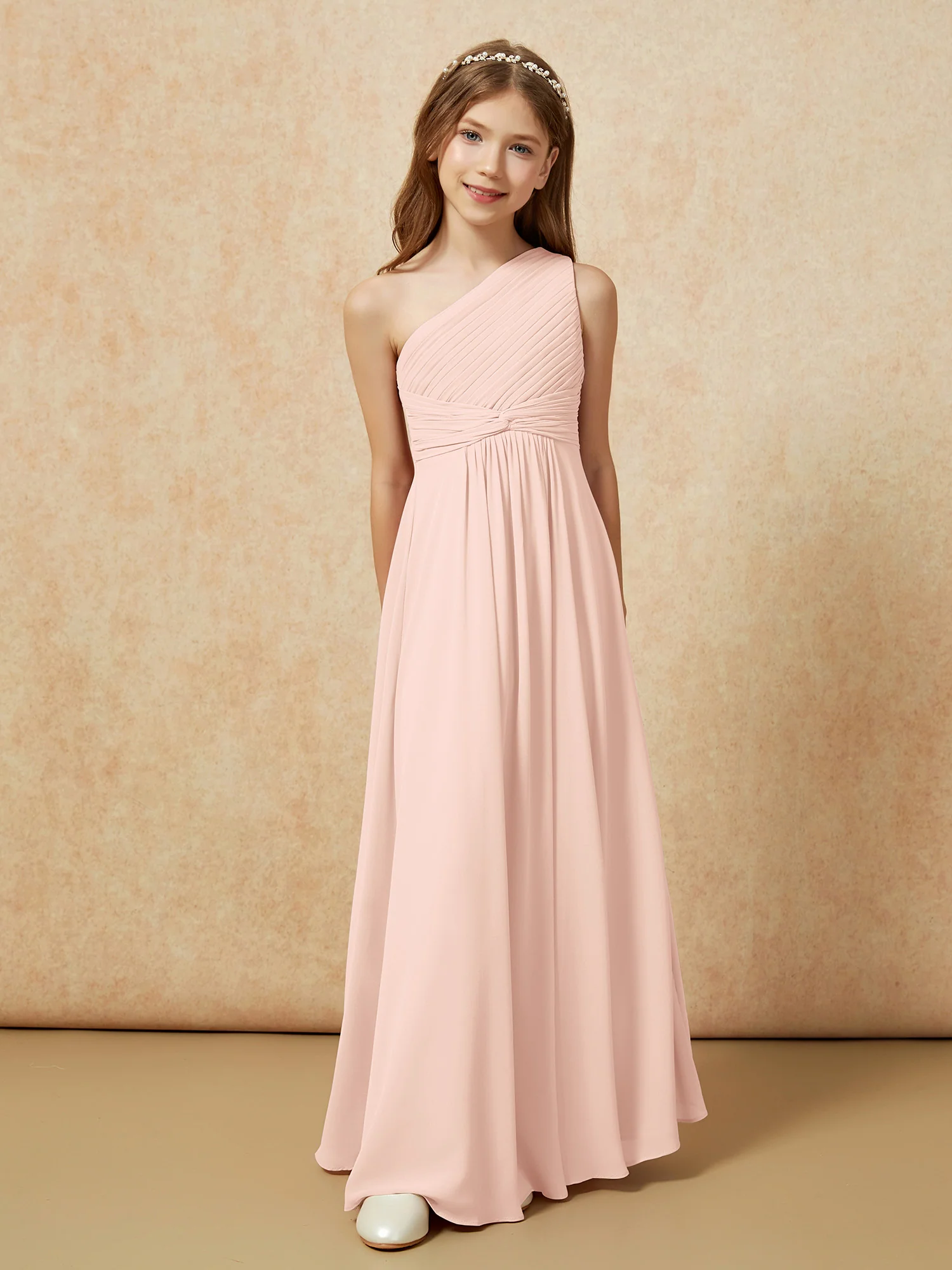 One Shoulder Pleated Chiffon Junior Bridesmaid Dress Pearl Pink