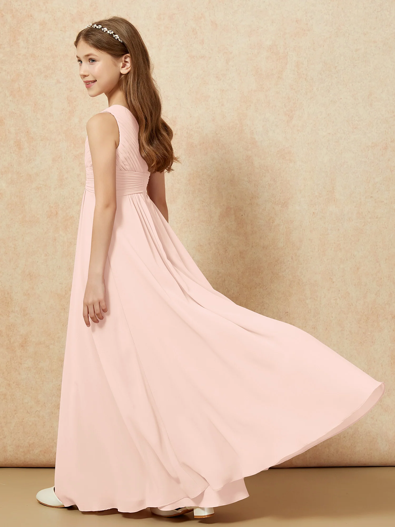 One Shoulder Pleated Chiffon Junior Bridesmaid Dress Pearl Pink - Image 6