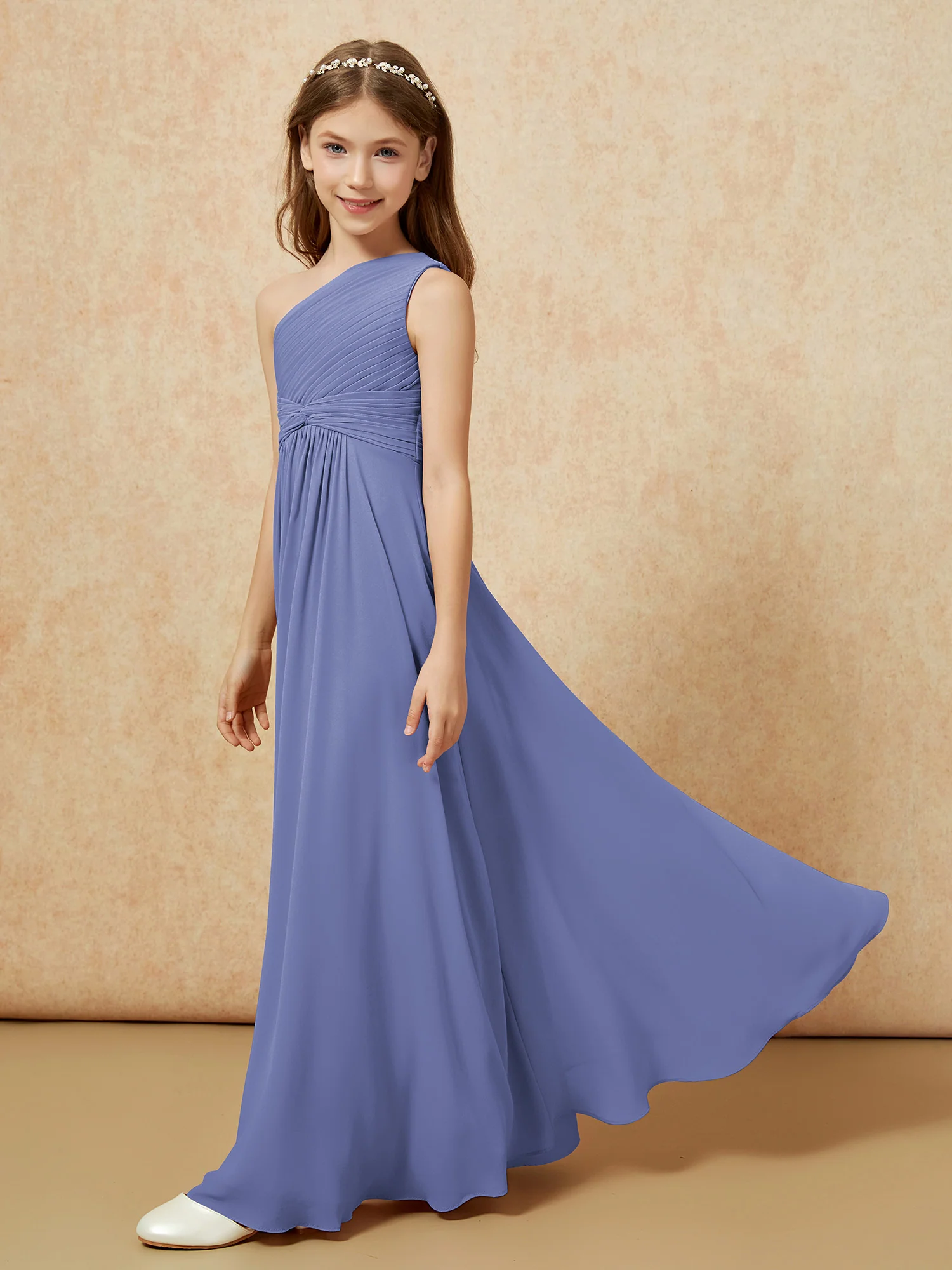 One Shoulder Pleated Chiffon Junior Bridesmaid Dress Periwinkle - Image 3