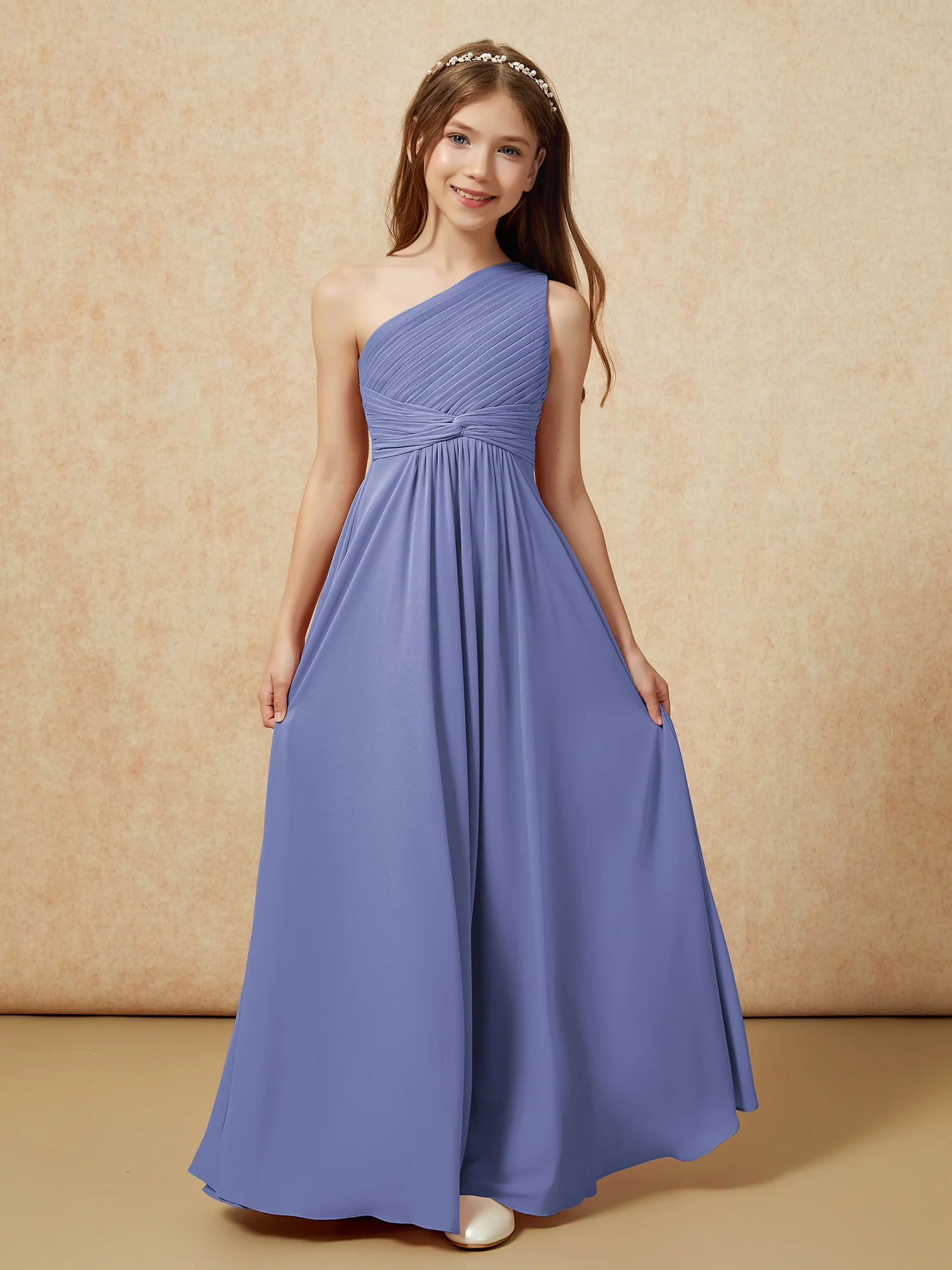 One Shoulder Pleated Chiffon Junior Bridesmaid Dress Periwinkle - Image 4