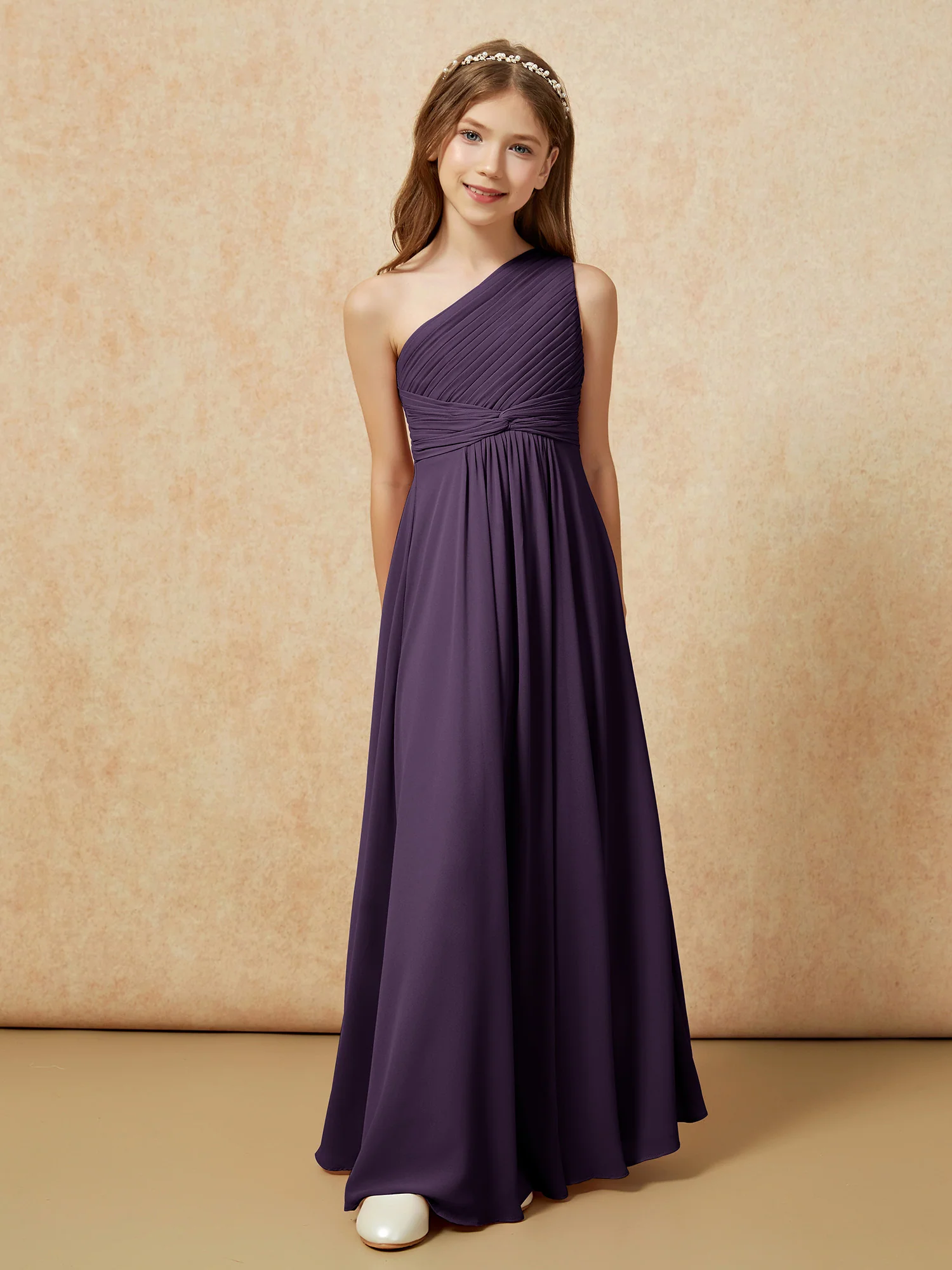 One Shoulder Pleated Chiffon Junior Bridesmaid Dress Plum