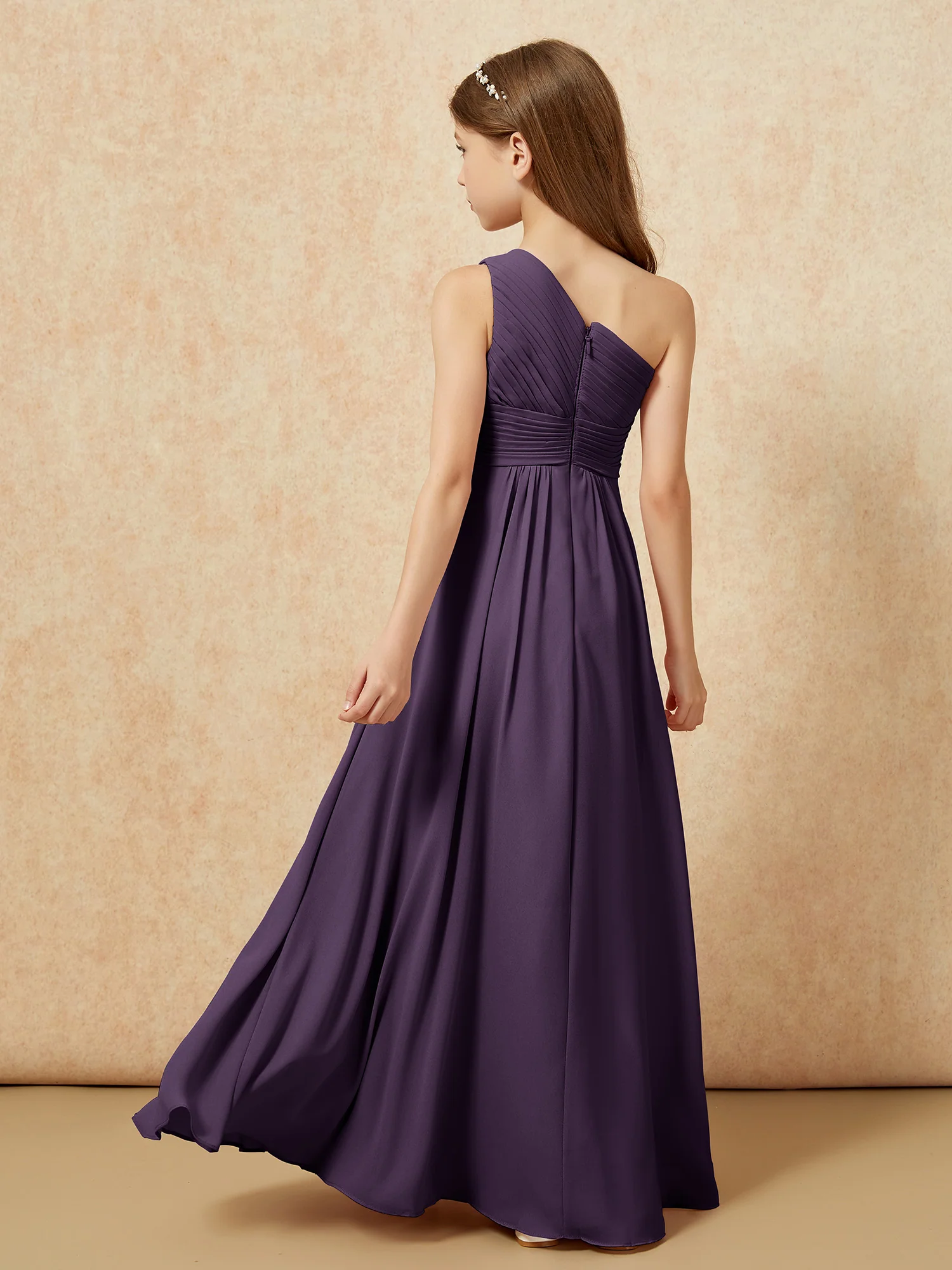 One Shoulder Pleated Chiffon Junior Bridesmaid Dress Plum - Image 2