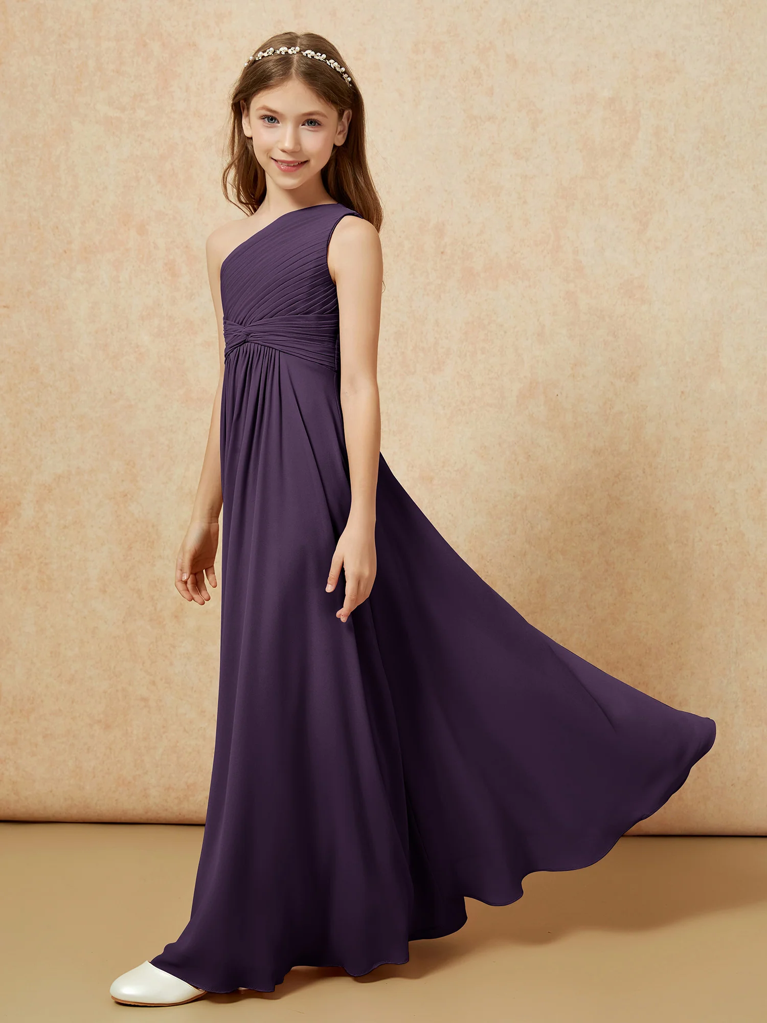One Shoulder Pleated Chiffon Junior Bridesmaid Dress Plum - Image 3