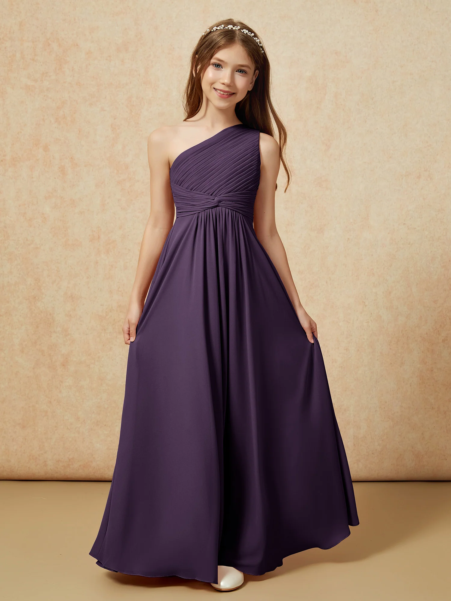 One Shoulder Pleated Chiffon Junior Bridesmaid Dress Plum - Image 4