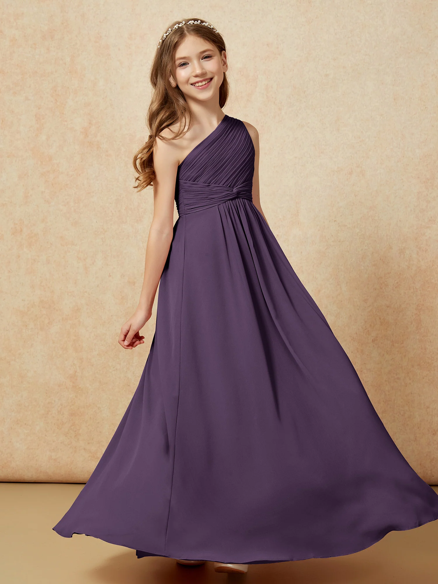 One Shoulder Pleated Chiffon Junior Bridesmaid Dress Plum - Image 5