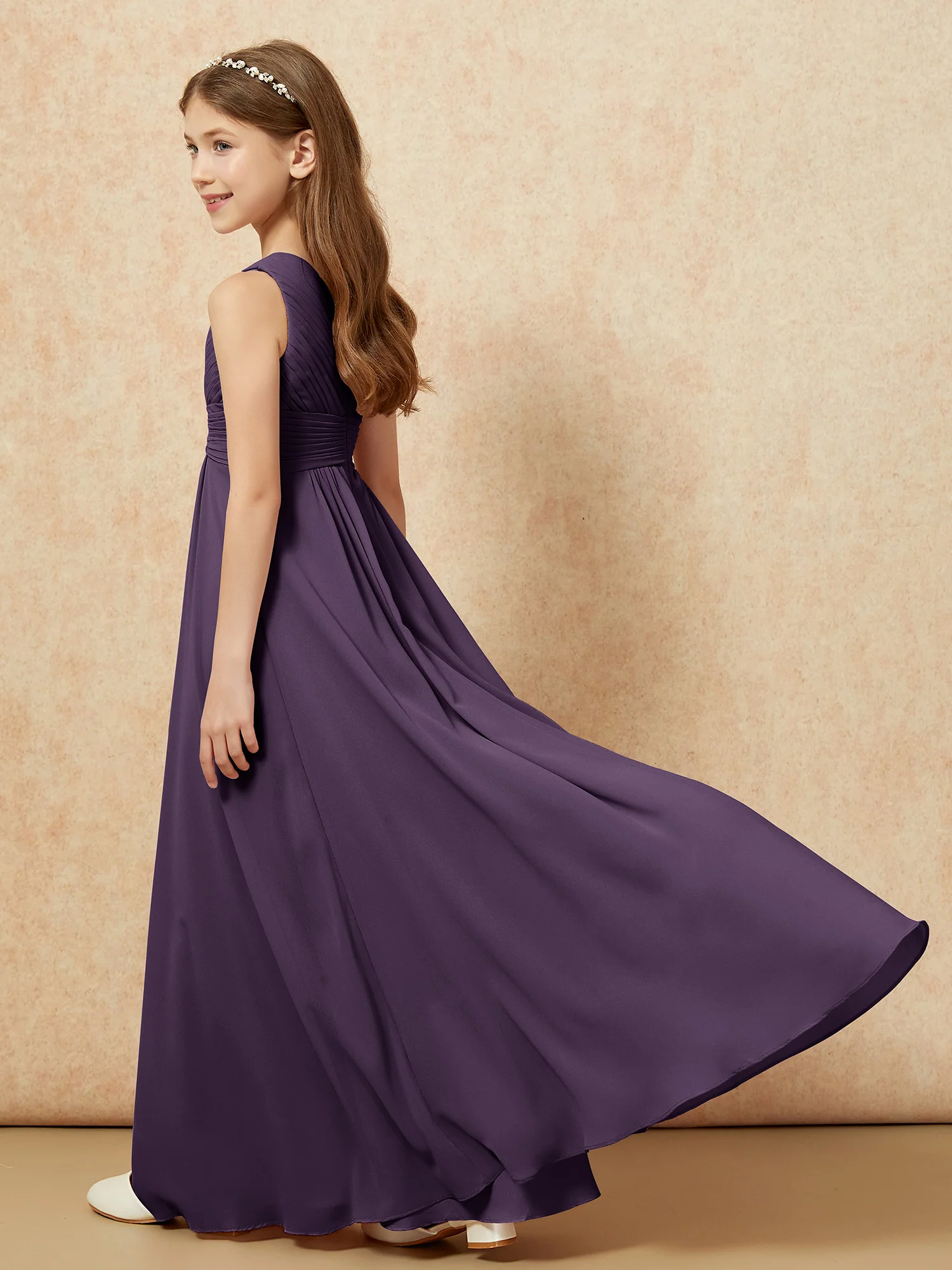 One Shoulder Pleated Chiffon Junior Bridesmaid Dress Plum - Image 6