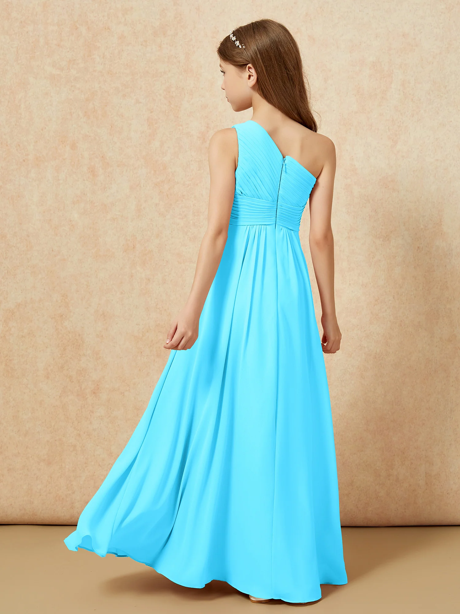 One Shoulder Pleated Chiffon Junior Bridesmaid Dress Pool - Image 2