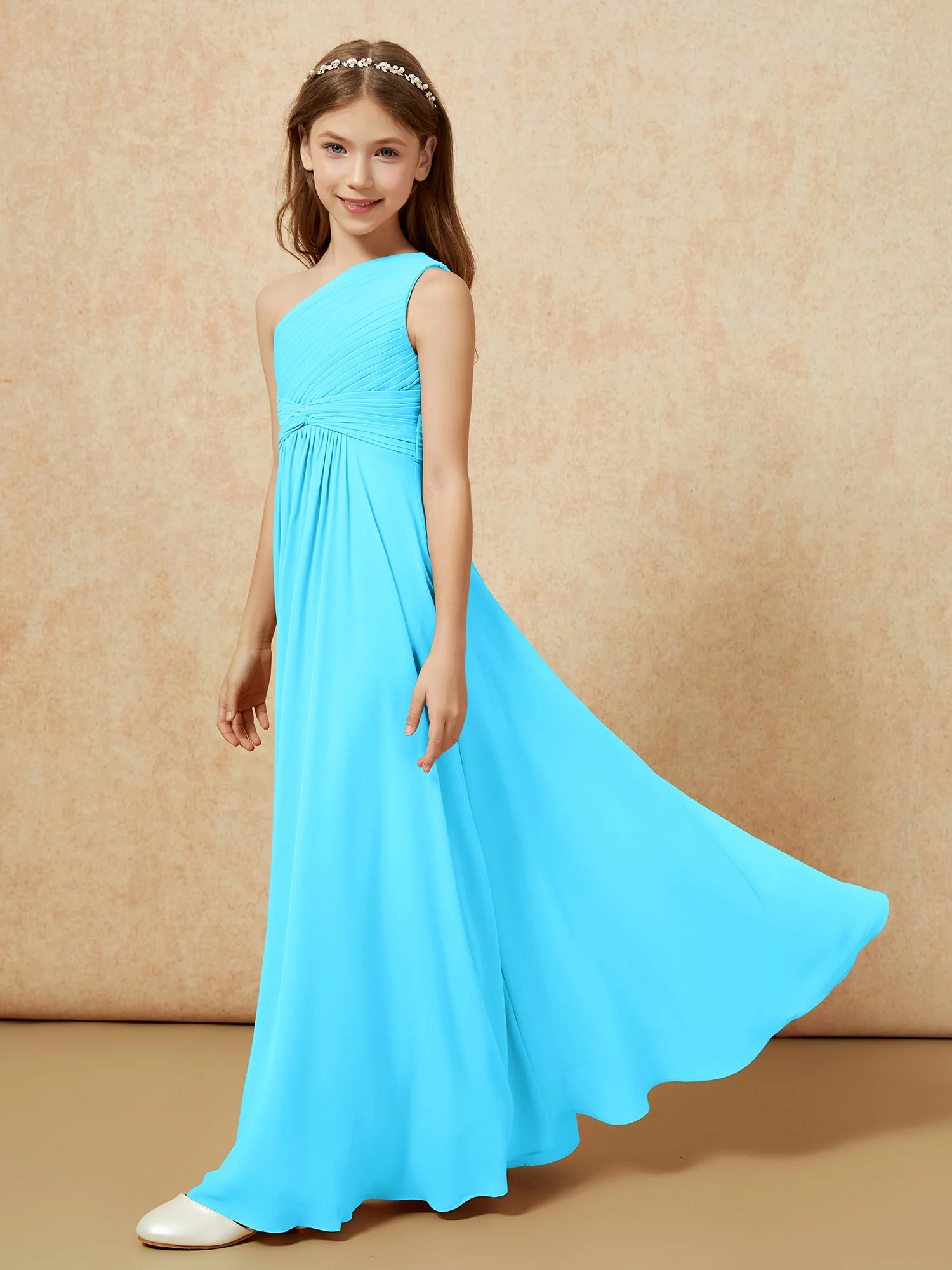 One Shoulder Pleated Chiffon Junior Bridesmaid Dress Pool - Image 3