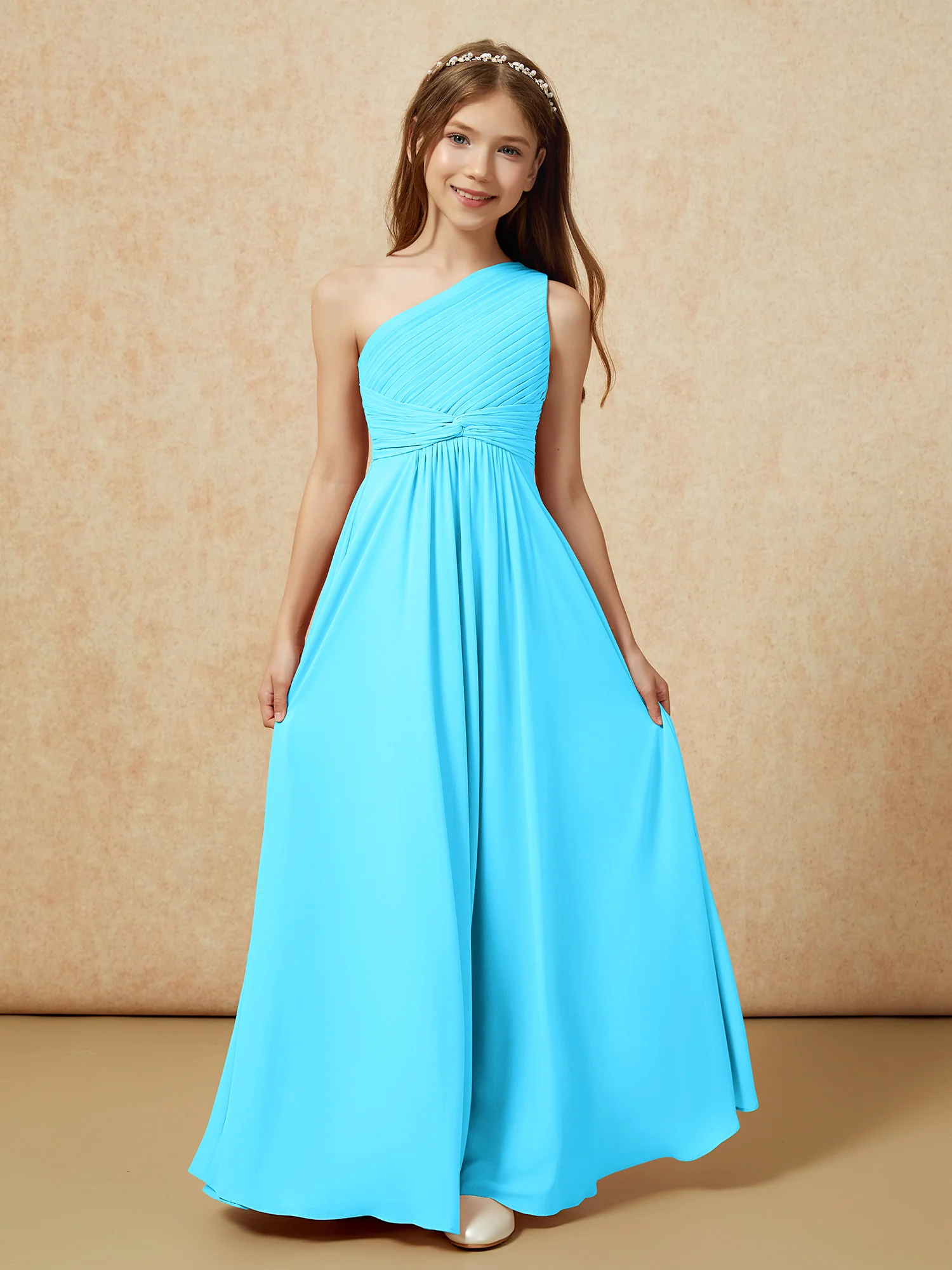 One Shoulder Pleated Chiffon Junior Bridesmaid Dress Pool - Image 4