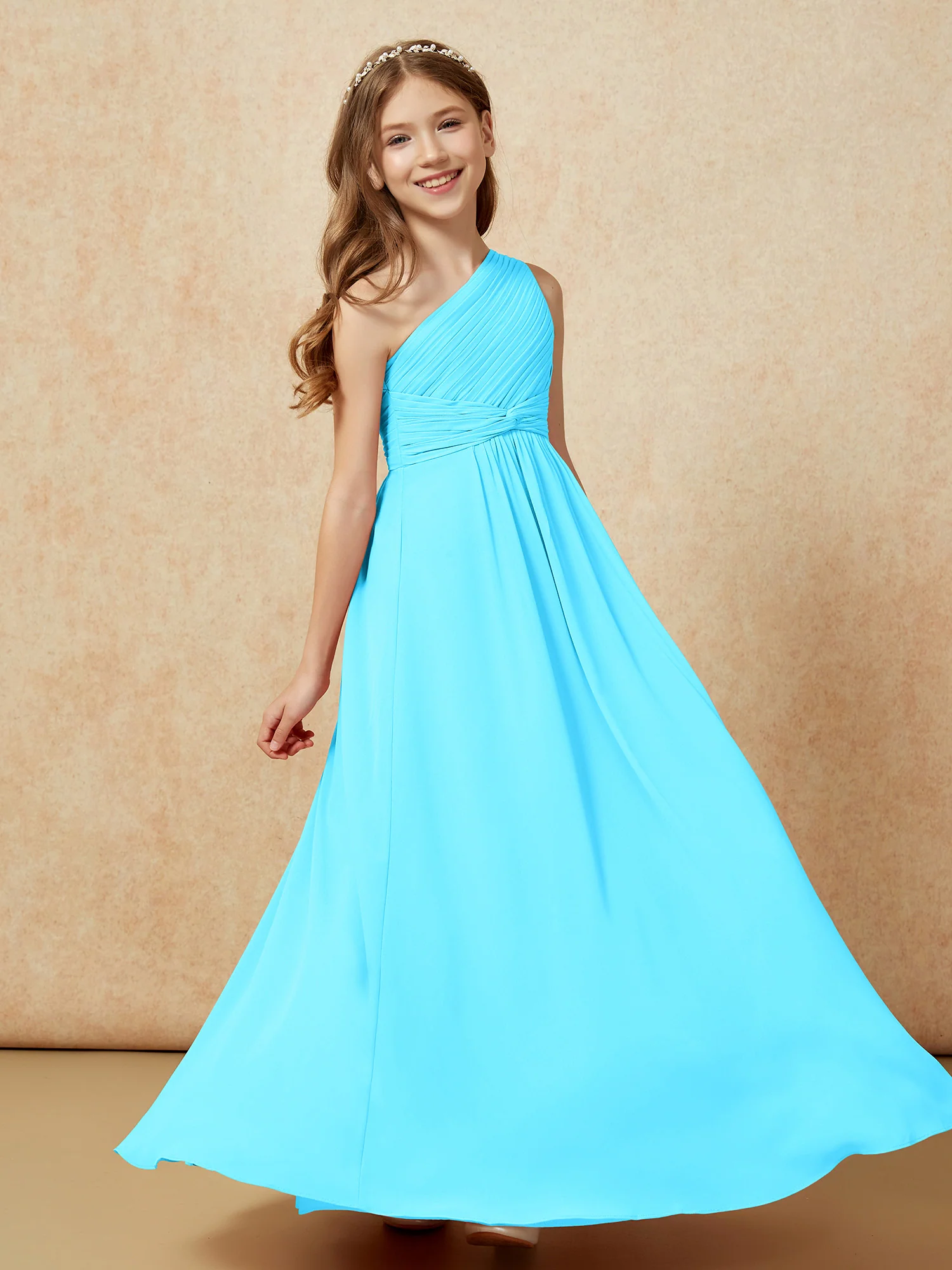 One Shoulder Pleated Chiffon Junior Bridesmaid Dress Pool - Image 5