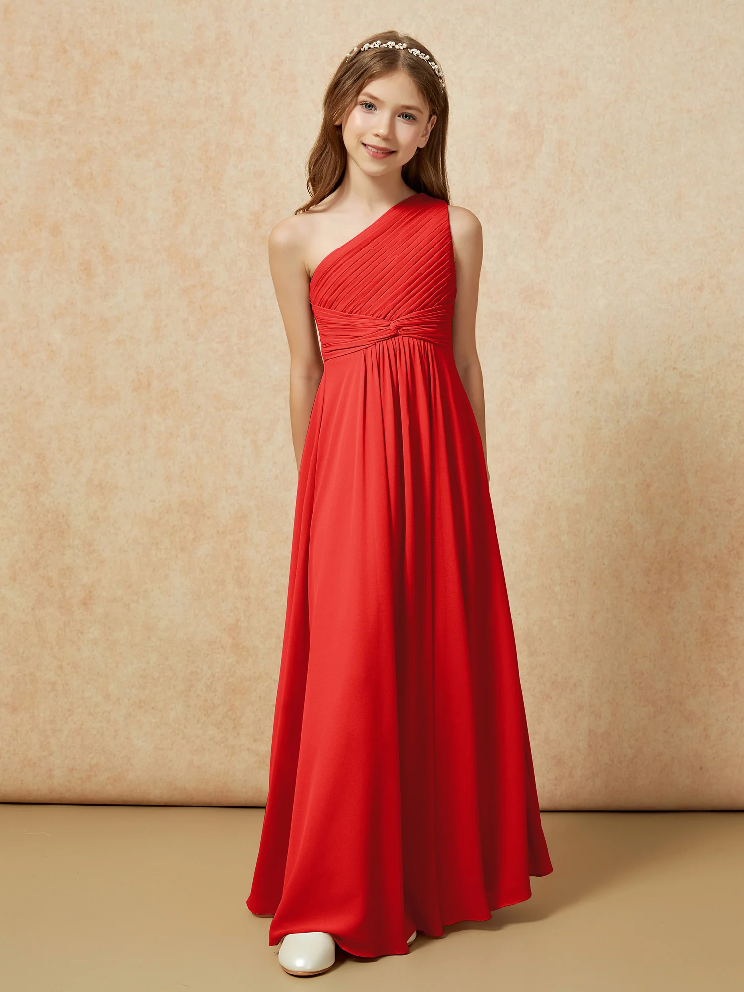 One Shoulder Pleated Chiffon Junior Bridesmaid Dress Red