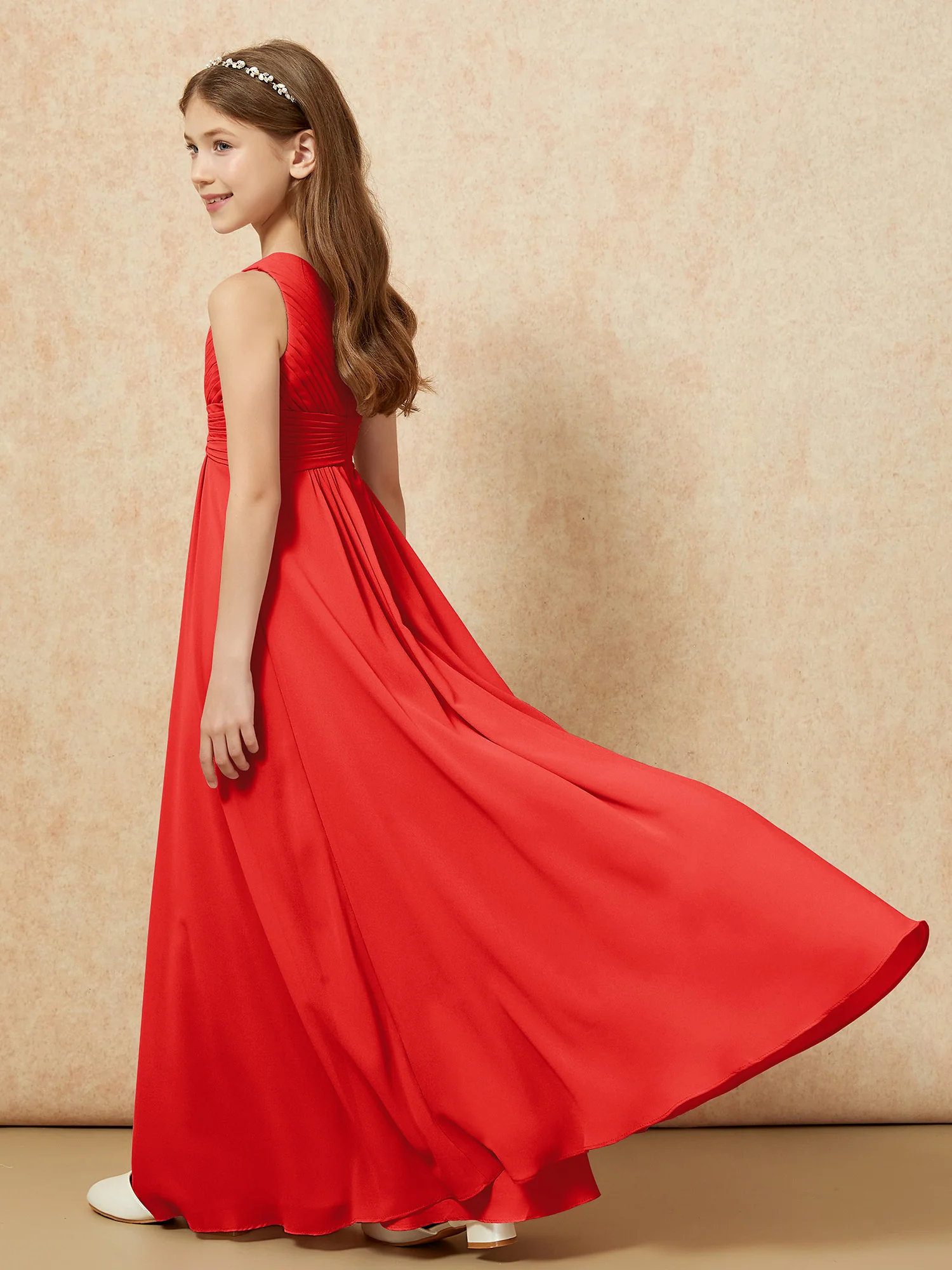 One Shoulder Pleated Chiffon Junior Bridesmaid Dress Red - Image 6