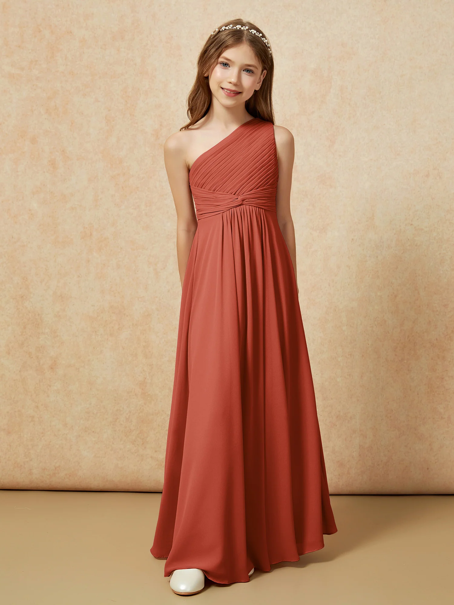 One Shoulder Pleated Chiffon Junior Bridesmaid Dress Rust